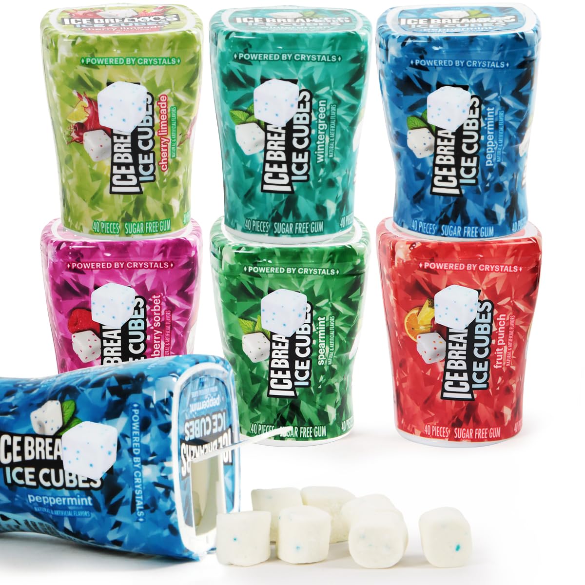 IceCubes Variety Pack - Sugar Free Refreshingly Cool IceCubes Gum of Peppermint, Bubble Breeze, Spearmint, Cherry Limeade, Mint Crystal, and Fruit Punch Flavors, 6 Pack
