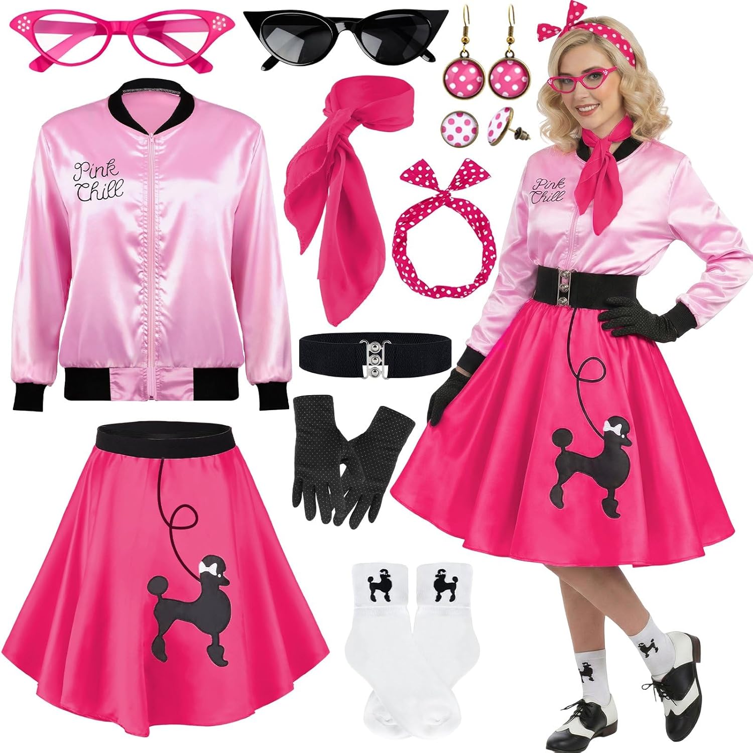 1950s Polka Dot Pink Satin Jacket Set with Accessories Vintage-Inspired 50s Style Skirt Halloween Cosplay