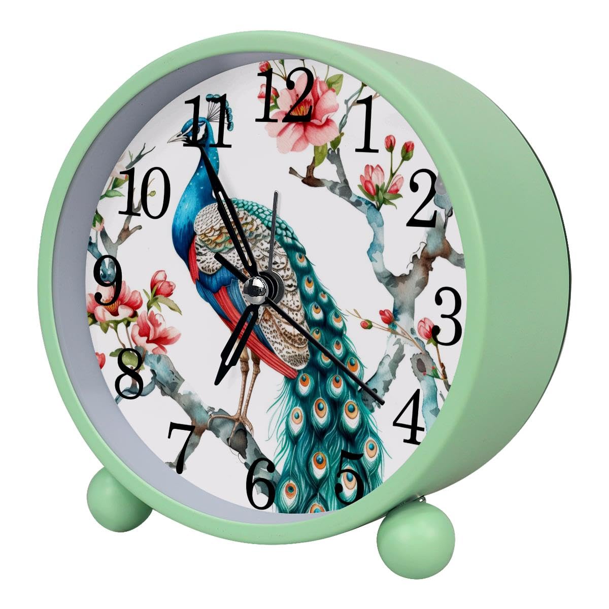 Alarm Clock Peacock Cherry Blossom, Silent Non-Ticking with Night Light