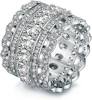 Vintage Princess Cubic Zirconia Wide Wedding Band Eternity Statement Cocktail Ring 18k White Gold Plated Jewelry