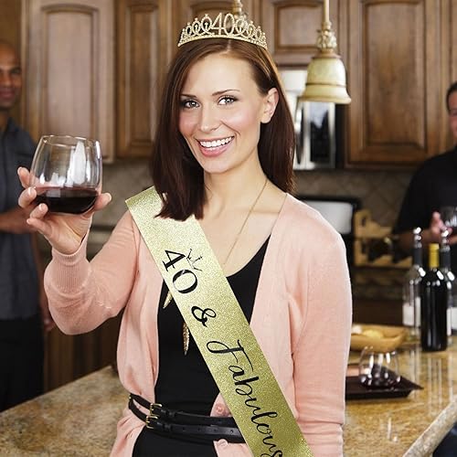 Miniatura 2 de CIEHER Corona dorada para cumpleaños de 40 años + banda de cumpleaños de 40 años + pin de perla, tiara de 40 cumpleaños para mamá, decoraciones de