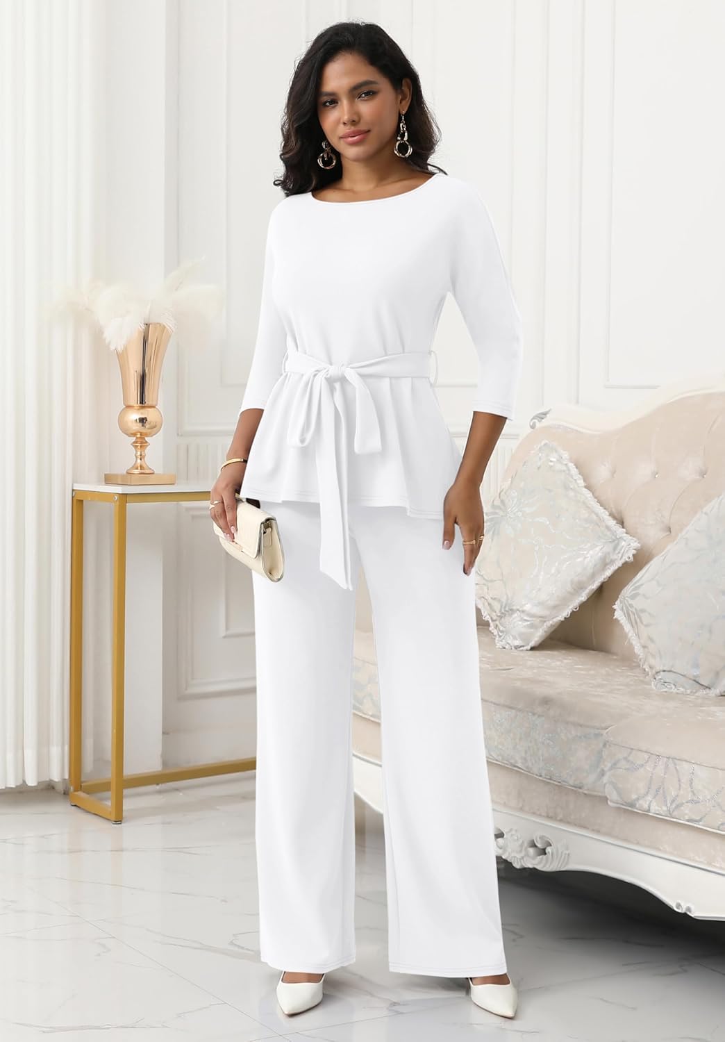 CLOCOR Women's 2 Piece Outfits Suit Set 3/4 Sleeve Peplum Top Flared Pants Sets Business Pantsuits - Image 6