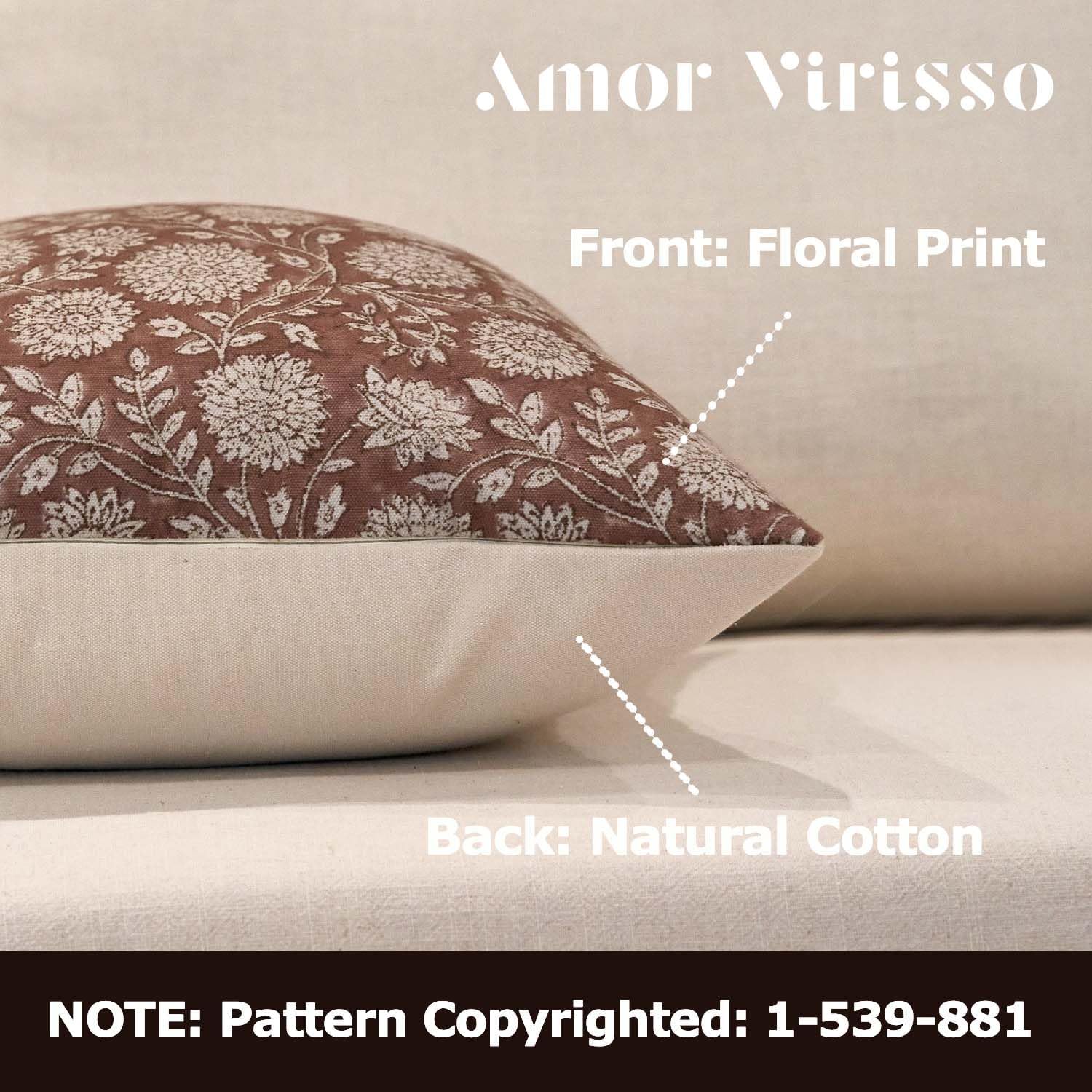 Amor Virisso Floral Pillow Covers 18x18 Throw Pillow Covers Vintage Block Print Pillow Cover Neutral Couch Pillows for Living Room Farmhouse Decorative Accent Sofa Pillows, Brown - Image 2