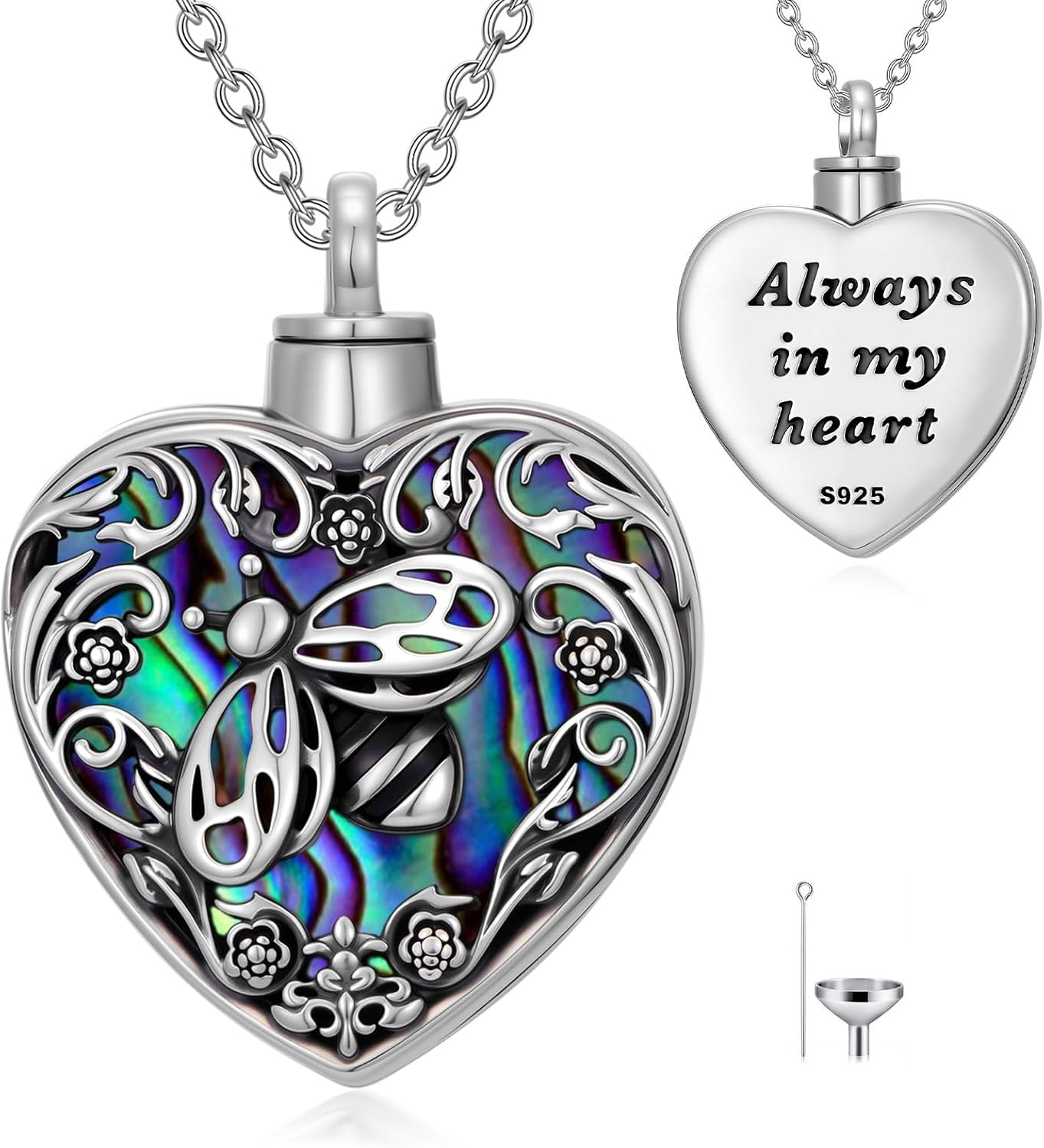 JKR Butterfly/Dragonfly/Ladybug/Bee/Hummingbird Heart Urn Necklace for Ashes for Women Sterling Silver Abalone Shell Cremation Jewelry Memorial with Funnel Filler