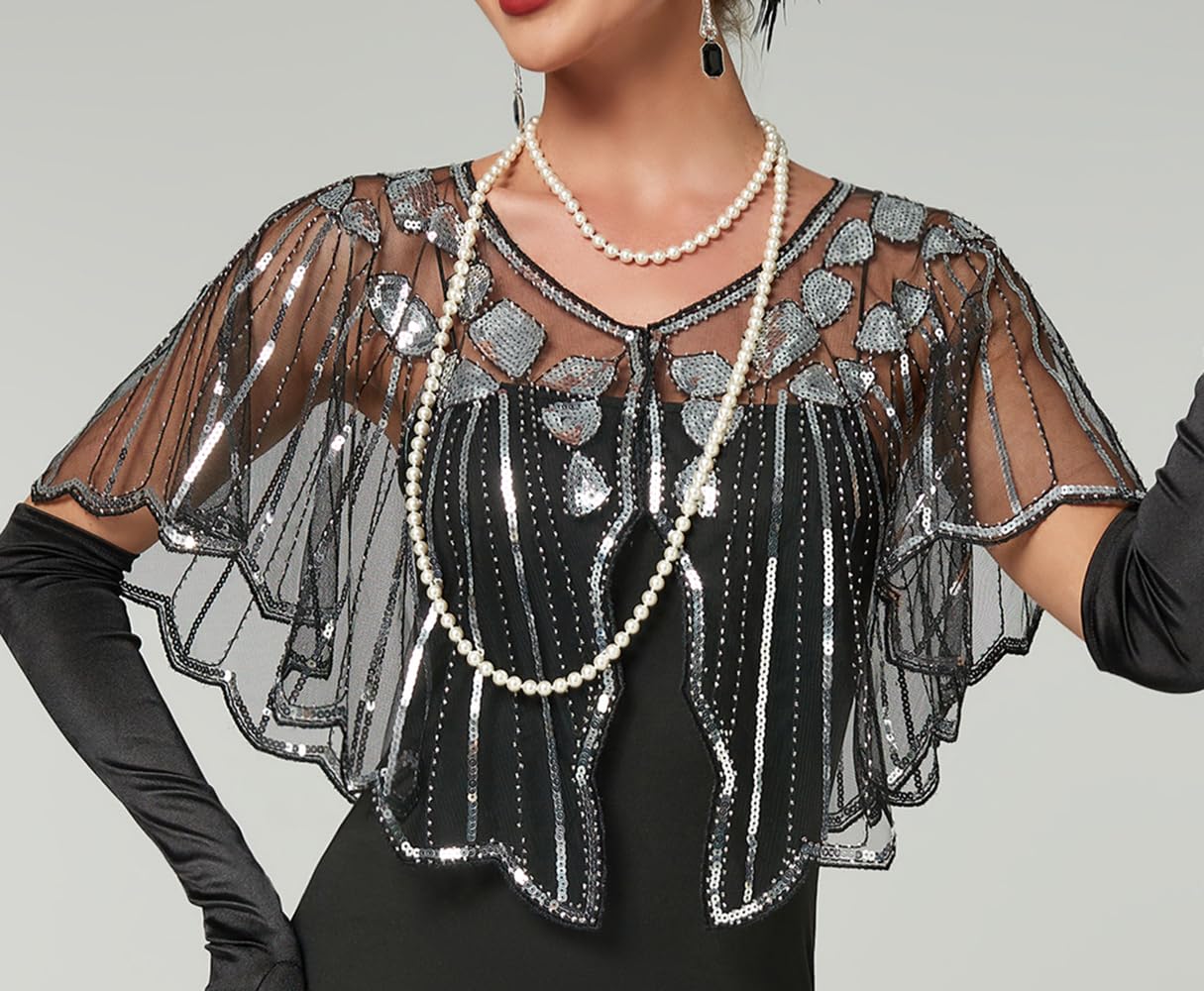 Viloree 1920s-pour Femme Cape Pailleté de Soirée Vintage Châle Art déco de Mariage Accessoires de Flapper Année 20