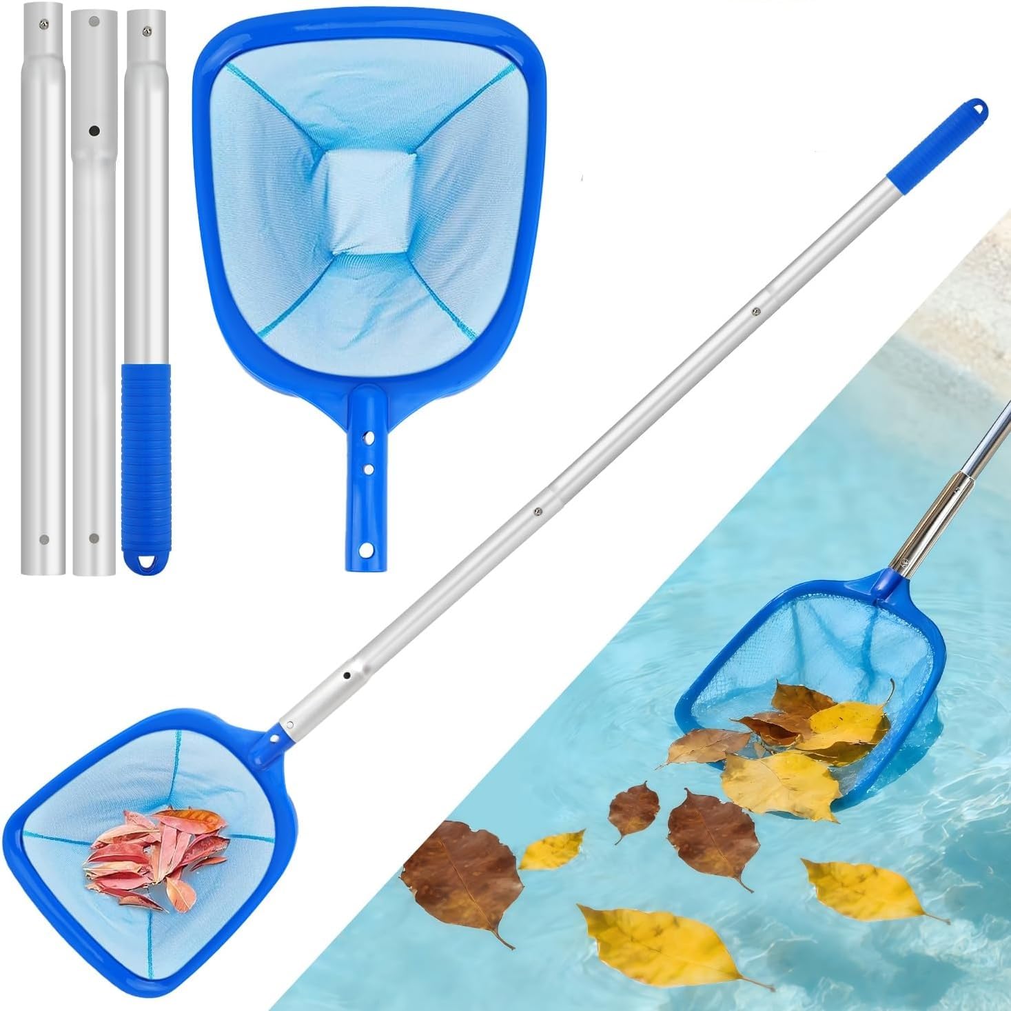 Kresal Swimming Pool Skimmer Net, Adjustable 3 Connecting 55Inch Aluminium Telescopic Pole, Pond Nets for Cleaning, Fine Mesh Leaf Skimmer Netting for Garden Pond Hot Tub Net, Blue-picture-20