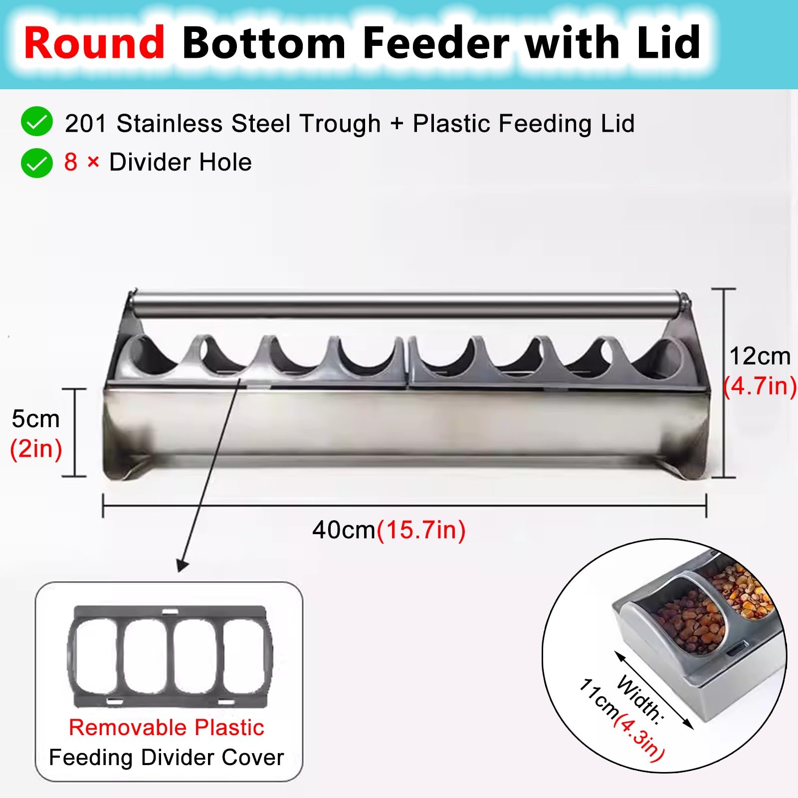 Dispensador de alimentos para aves de corral de acero inoxidable, herramienta de alimentación para pollo, pato, pájaro, ganso