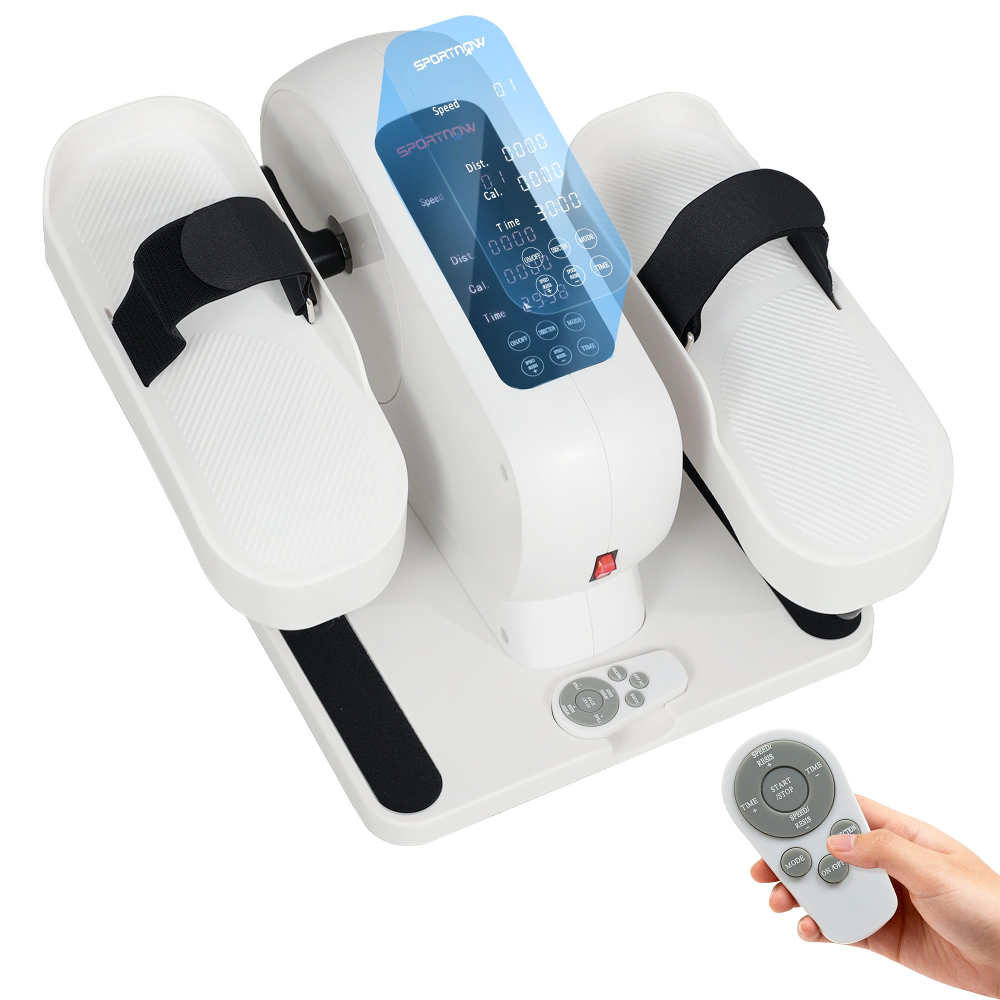SPORTNOW Pedalier d'appartement, elliptique de Bureau, Mini vélo elliptique électrique Assis avec écran LED, télécommande et 12 Vitesses réglables, Silencieux et Portable pour Les Seniors, Blanc