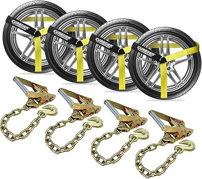 Cureder Car Tie Down Straps for Trailers with Heavy Duty Chain Anchors 4 PK - 2 Inch x 10 Feet - 3,300 lbs Safe Working Load, Wheel Straps for Hauling Cars,Tire Straps for a Car Trailer