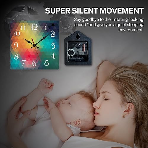 Miniatura 2 de ArtSocket Reloj de pared de madera silencioso sin tictac, cuadrícula de espectro geométrico colorido arco iris, moderno, cuadrado, rústico, reloj de