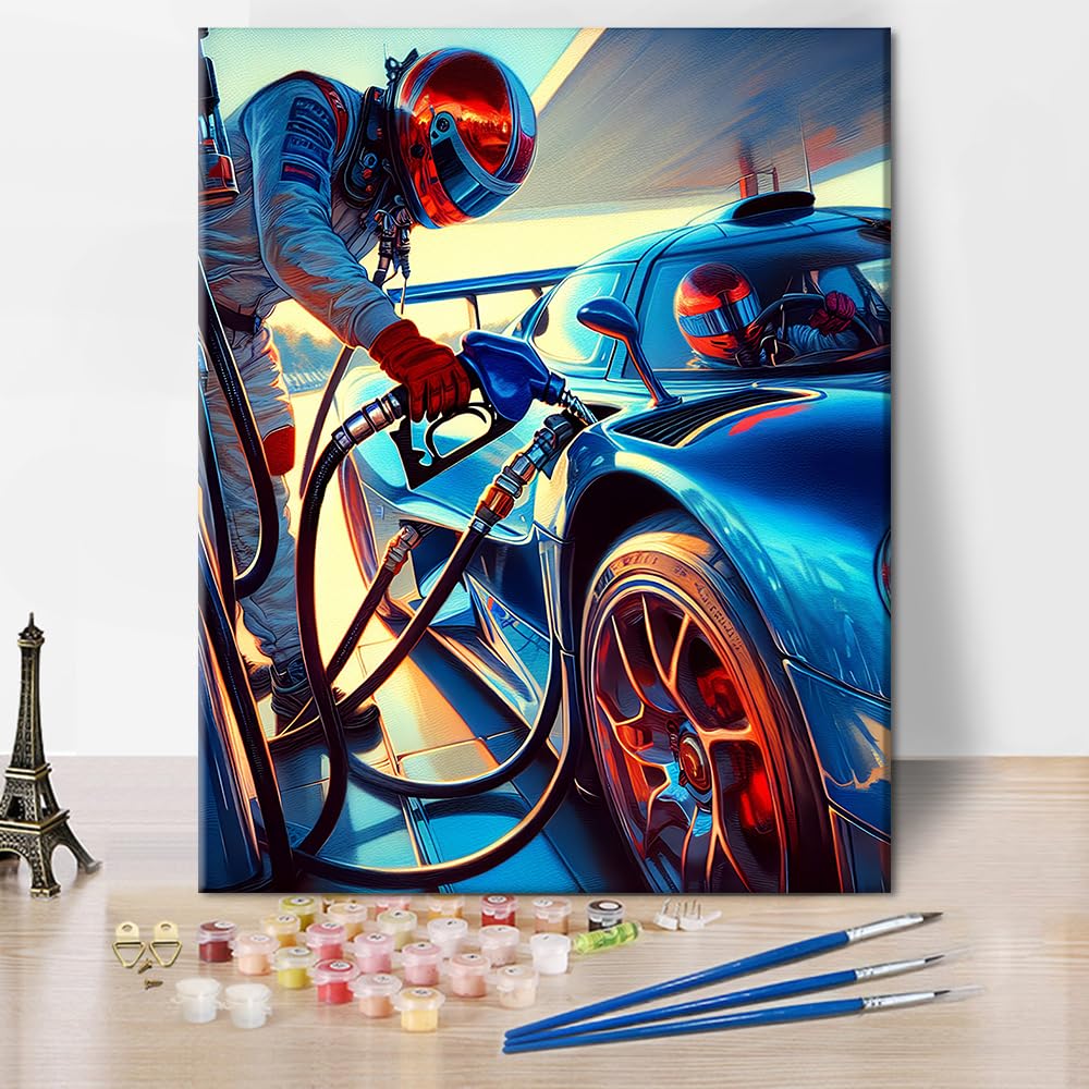 TISHIRON Racing Car Paint by Numbers Kit for Adults, Oil Gun in the Hand of a Technician Wearing a Sports Glove Paint by Number with Brushes and Pigment, DIY Art Crafts, 16x20 Inch