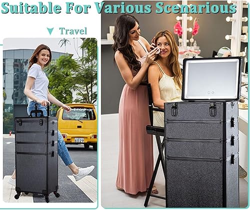 Miniatura 3 de Arous Maletín de tren de maquillaje rodante, carrito de cosméticos de gran capacidad, 4 en 1, estuche de viaje de maquillaje con ruedas giratorias