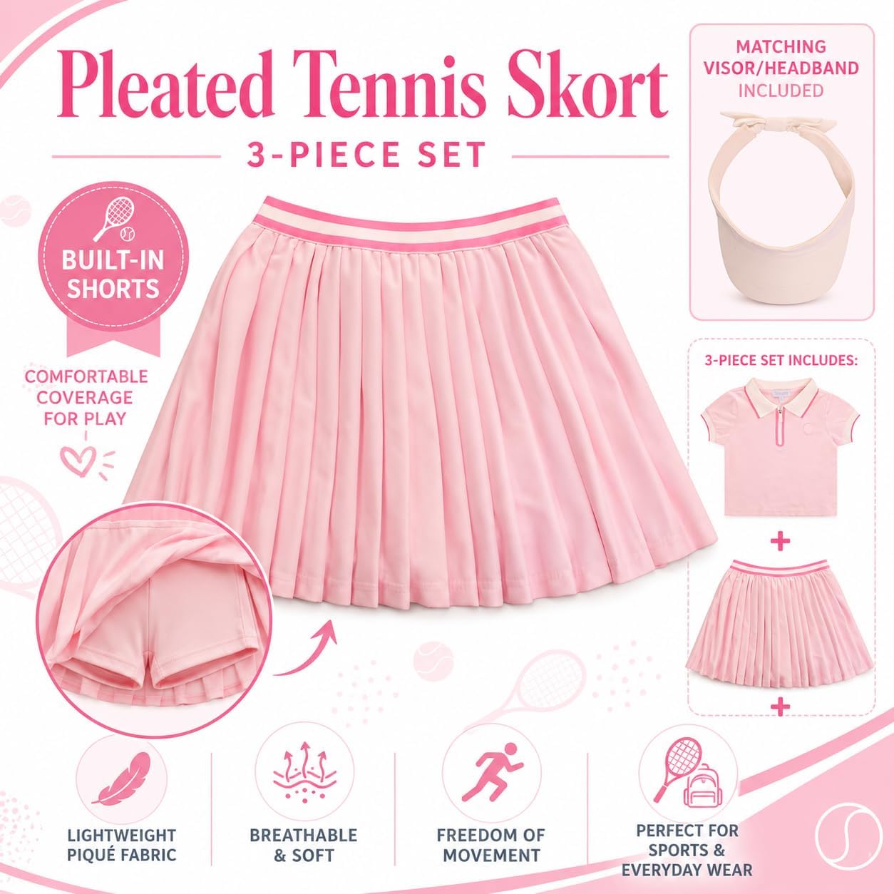 BTween Active Girls Polo Shirt & Tennis Skort Set – Short Sleeve Quarter Zip Polo Top with Pleated Skort