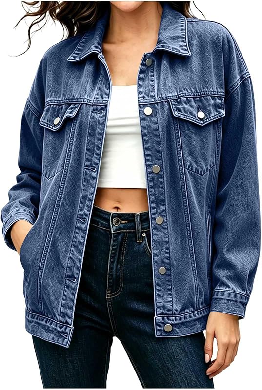 Oversized Jean Jacket for Women Trendy Pockets Daily Wear Work Vacation