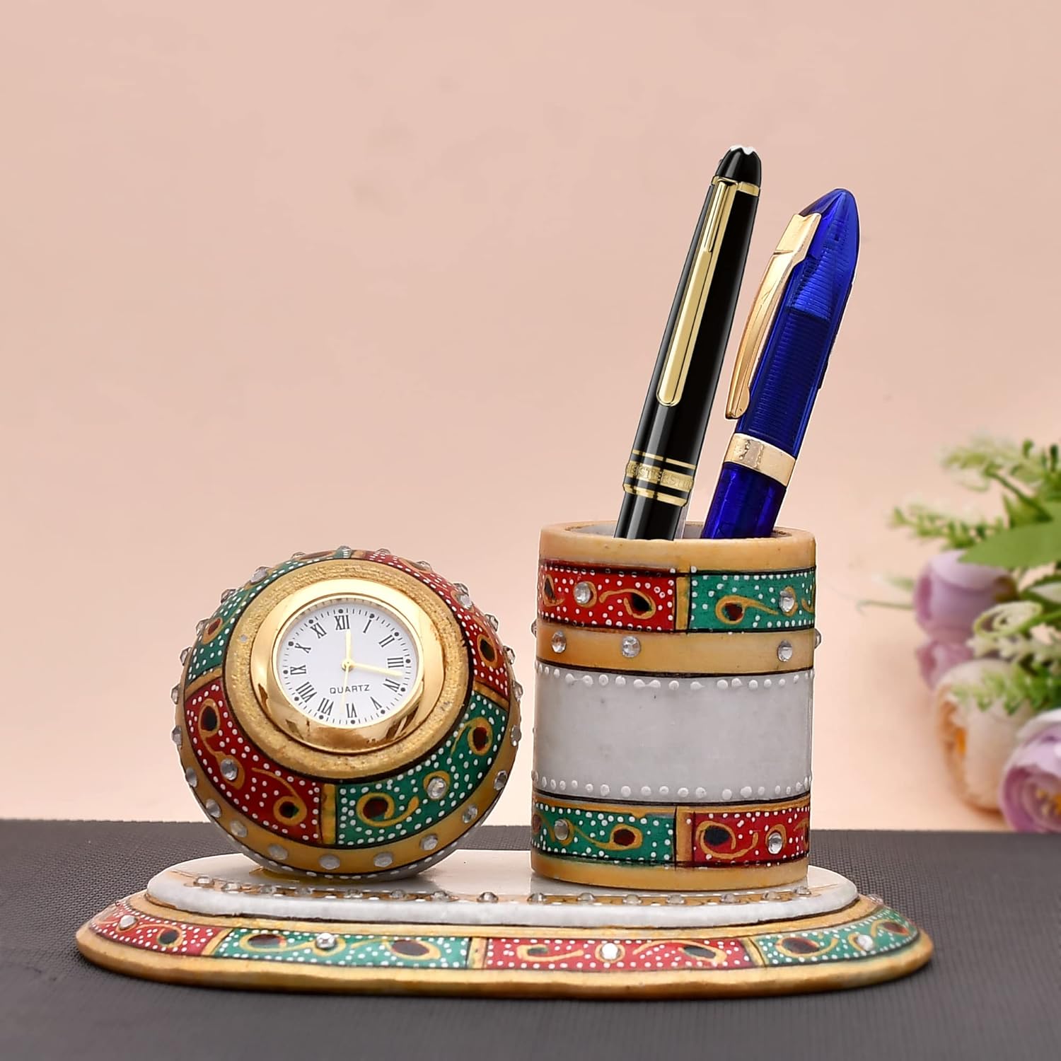 CRAFTAM Marble Pen Stand For Office Table With Round Clock, Design Pen