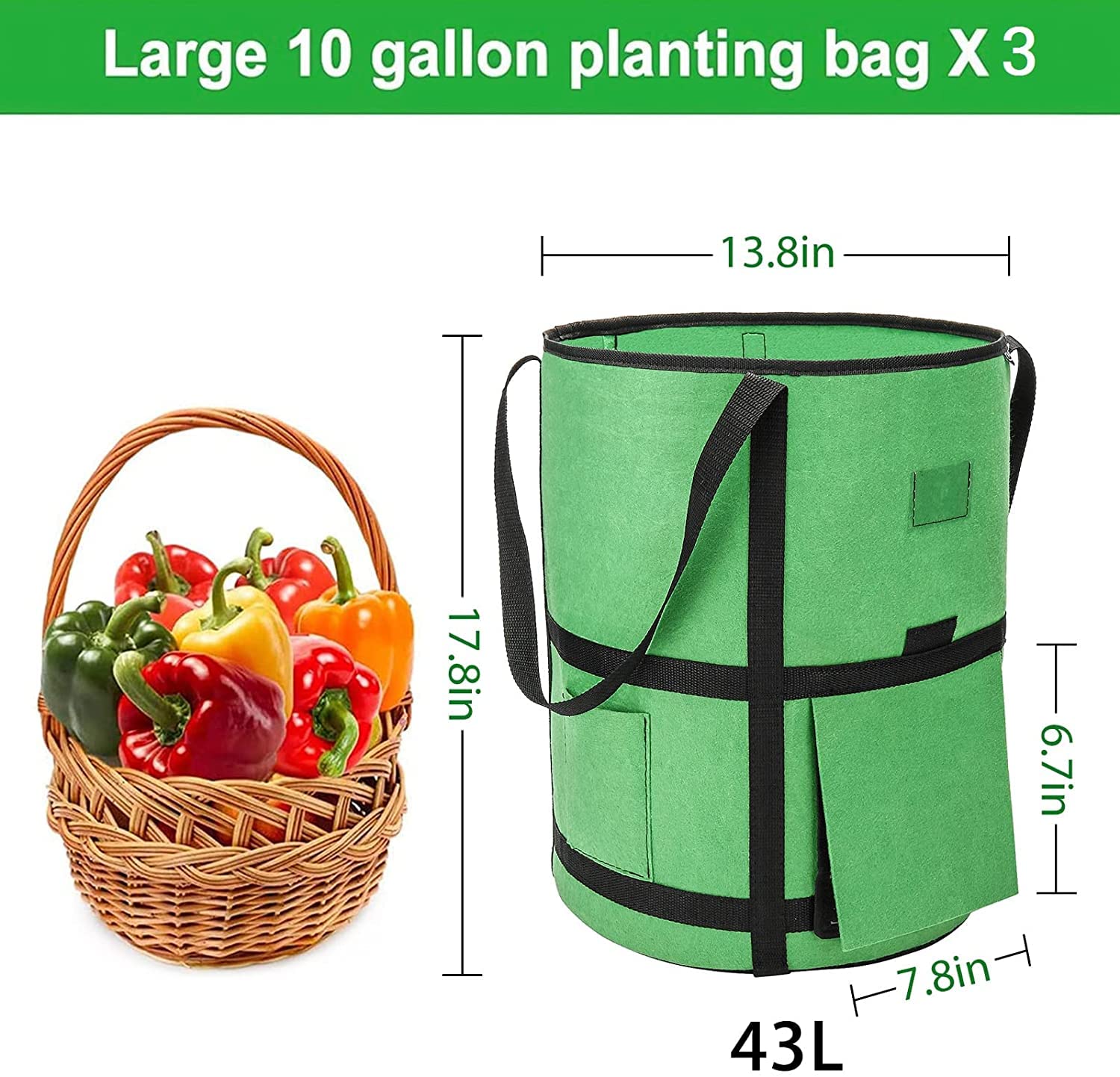 Bolsas de cultivo de patatas, bolsas de plantación de 10 galones con solapa y asas para cultivar patatas, tomates y zanahorias, solución de jardinería duradera y conveniente