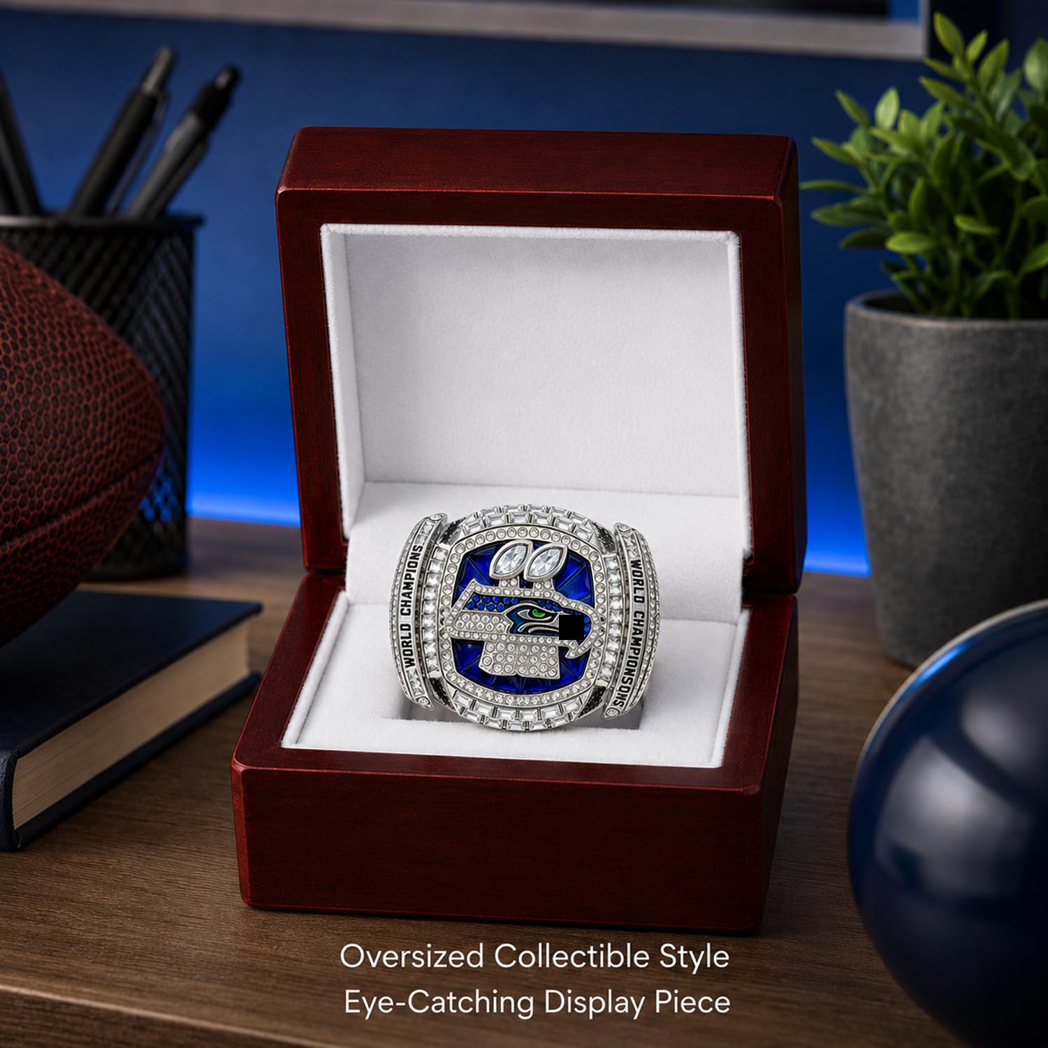 2026 Seahawks Meisterschaftsring Replik mit Box und Halskette | Abnehmbarer in US-Größe 11 Metall American Football Champion Ring, Fan-Geschenk, Sammlerstück und Erinnerungsstück