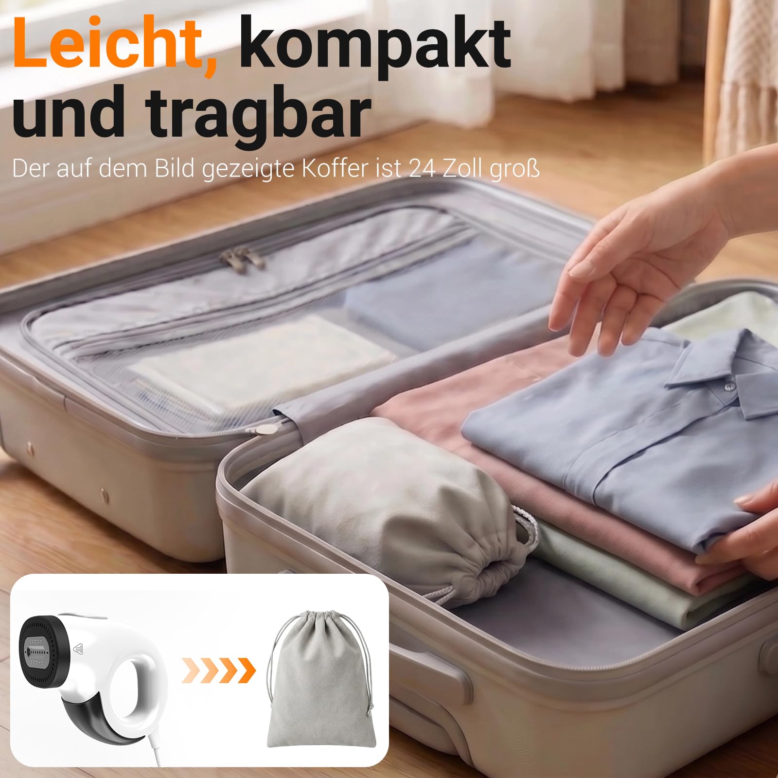 Steamer Dampfglätter mit Saugfunktion, Tragbarer Reisedampfglätter | 2800 Pa Saugleistung, Großer abnehmbar Wassertank, 25Sekunden Aufheizen, Dampfbügeleisen 2 in 1, Halterung, Tasche