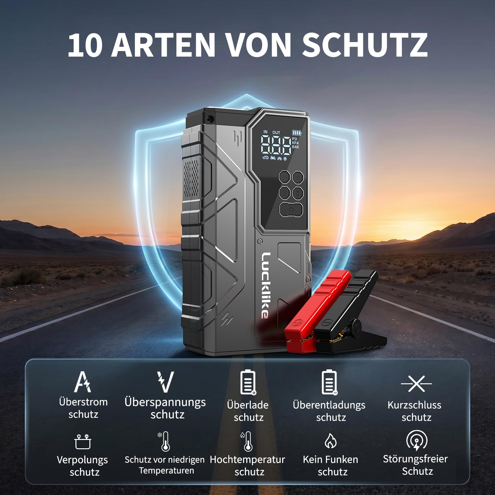 LUCKLIKE W210 Starthilfe Powerbank, 12V Jump Starter mit Luftkompressor | 7000A Tragbarer Booster Starthilfegerät für All Benzin/12.0L Diesel, 150PSI Luftpumpe, mit LED Taschenlampe Starterkabel