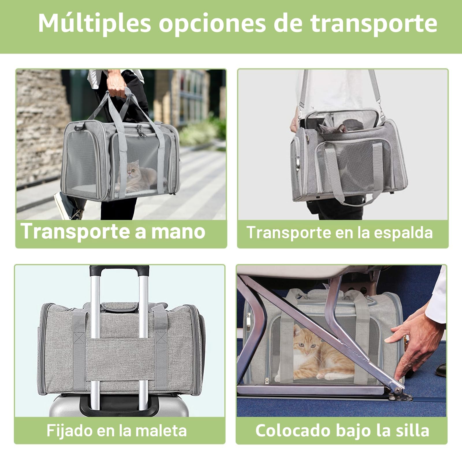 Transportín Perro Plegable – Bolso Gato Transpirable – Bolso Perro Pequeño con Correa para Viajes y Coche (Gris)