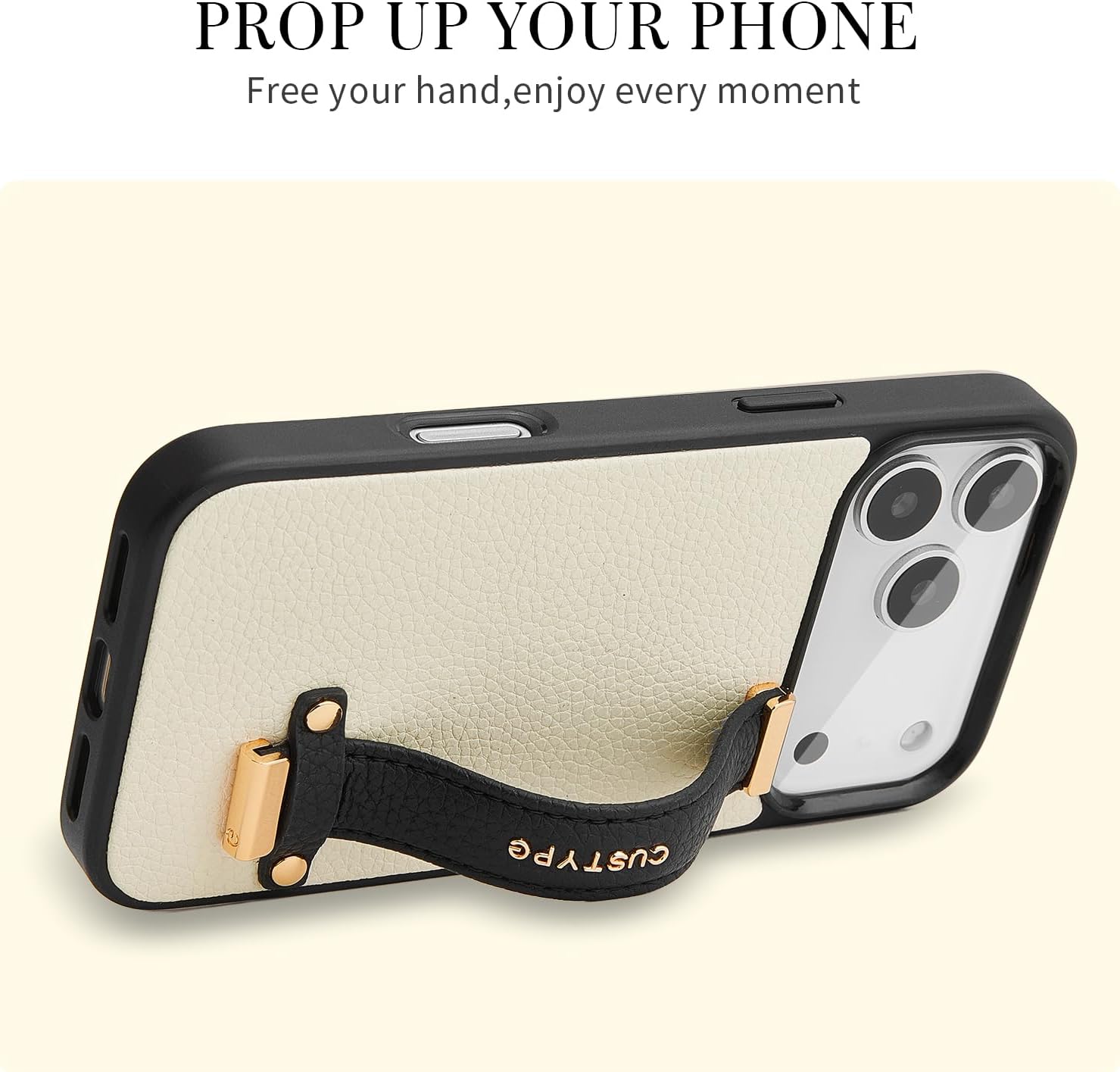 CUSTYPE Compatible with iPhone 17 Pro Case with Adjustable Wristband Strap Kickstand,handstrap Grip Loop Strap Leather Case for Women Girl for iPhone 17 Pro 6.3inch-Black&White