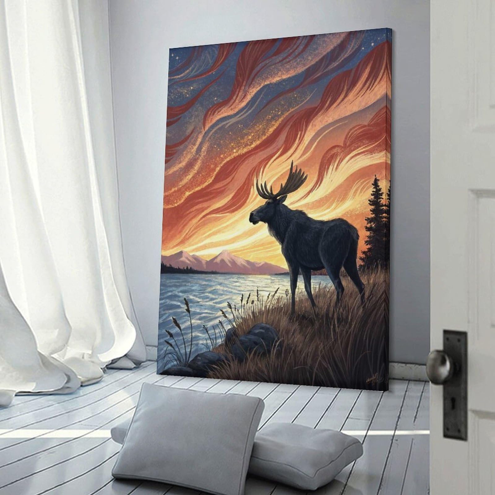 Junmoney Frame-Style-7 Moose By A Lake At Sunset Room Decor Wall Art, 24X36inch(60X90cm), For Feature Walls In Flats Or Modern Rooms, Wall Decor Suited To Curated Displays