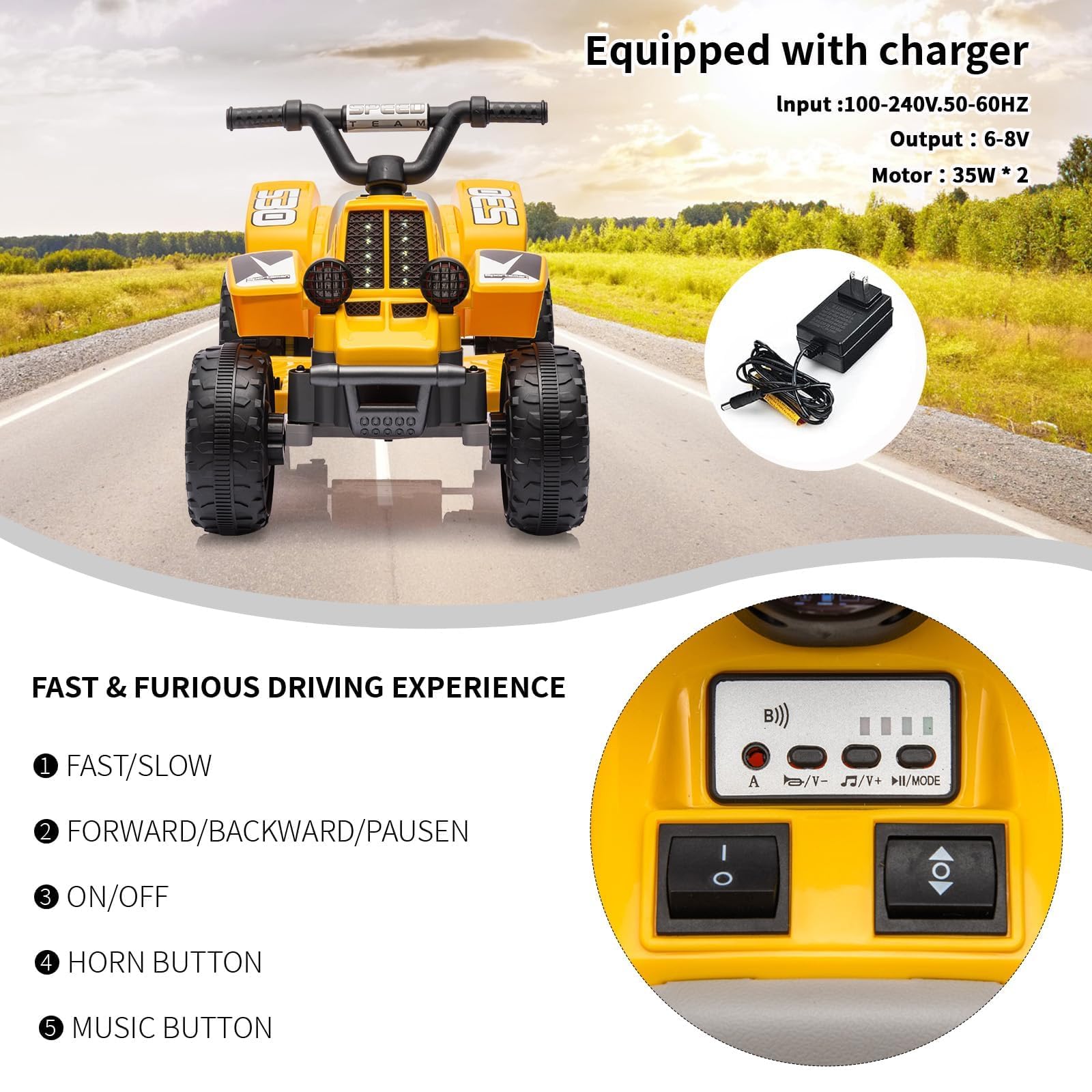 Quad Electrico Niño de 6 V con Luces LED, Música y Bocina, Quad Niño con Marcha Adelante y Atrás a Partir de 3 Años, Amarillo