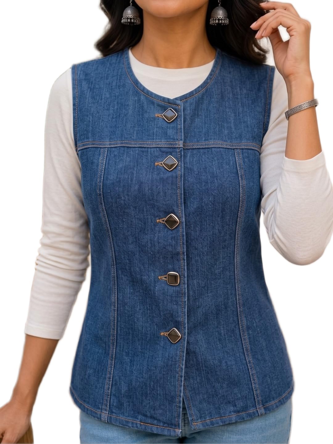Tailored Denim Waistcoat, Round Collar, Front Placket-picture-37