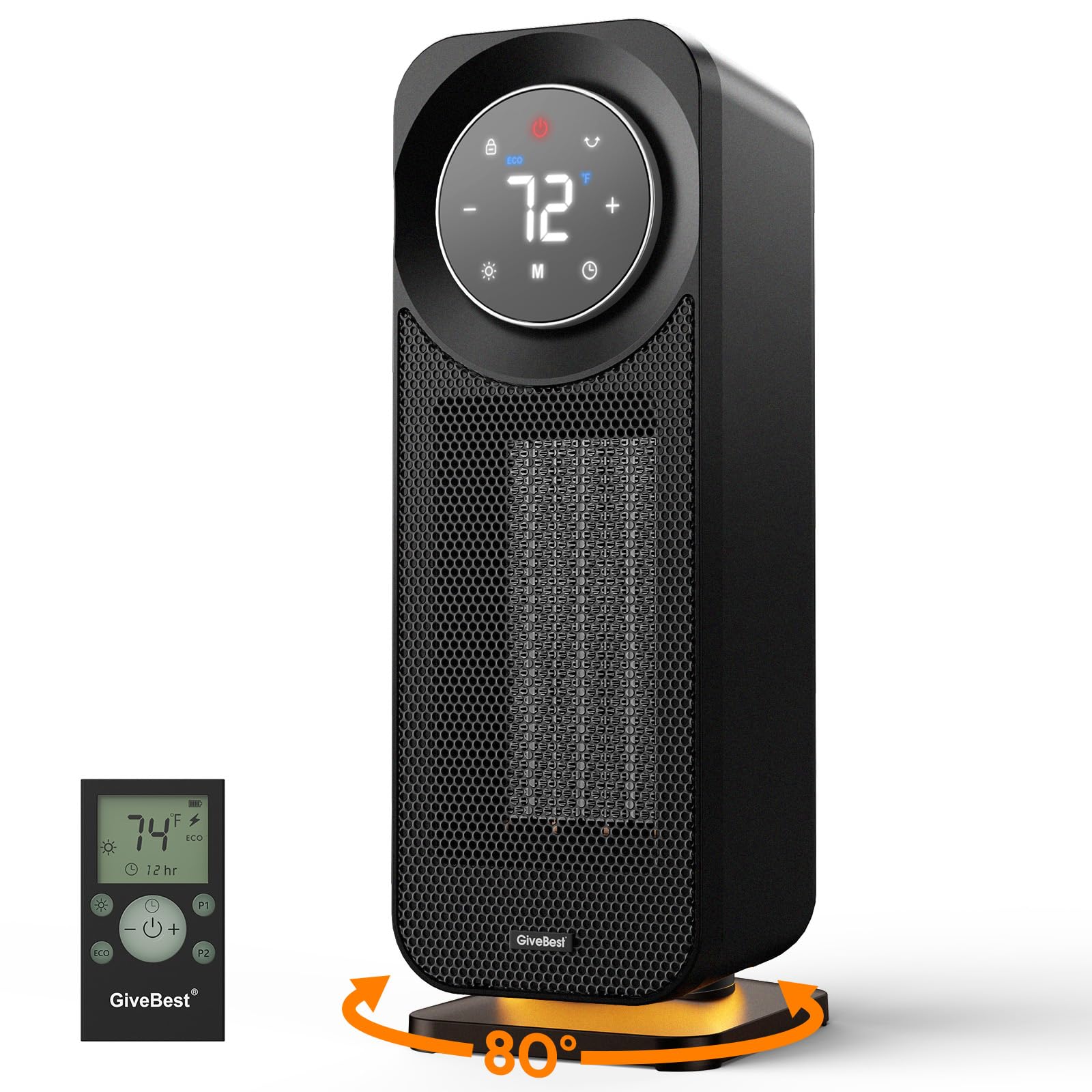 Givebest Touch Panel Space Heaters for Indoor Use, 1500W Fast Heating Electric Heater with Remote, 5 Modes, Quiet and Night Light, Thermostat Control, Ideal for Bedroom, Office