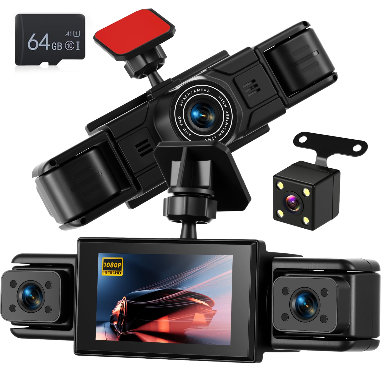 Cámara para salpicadero de 4 Canales y 1080p - cámaras Delantera, Izquierda, Derecha y Trasera, Pantalla de 3 Pulgadas, visión Nocturna por Infrarrojos, grabación en Bucle y detección de Movimiento