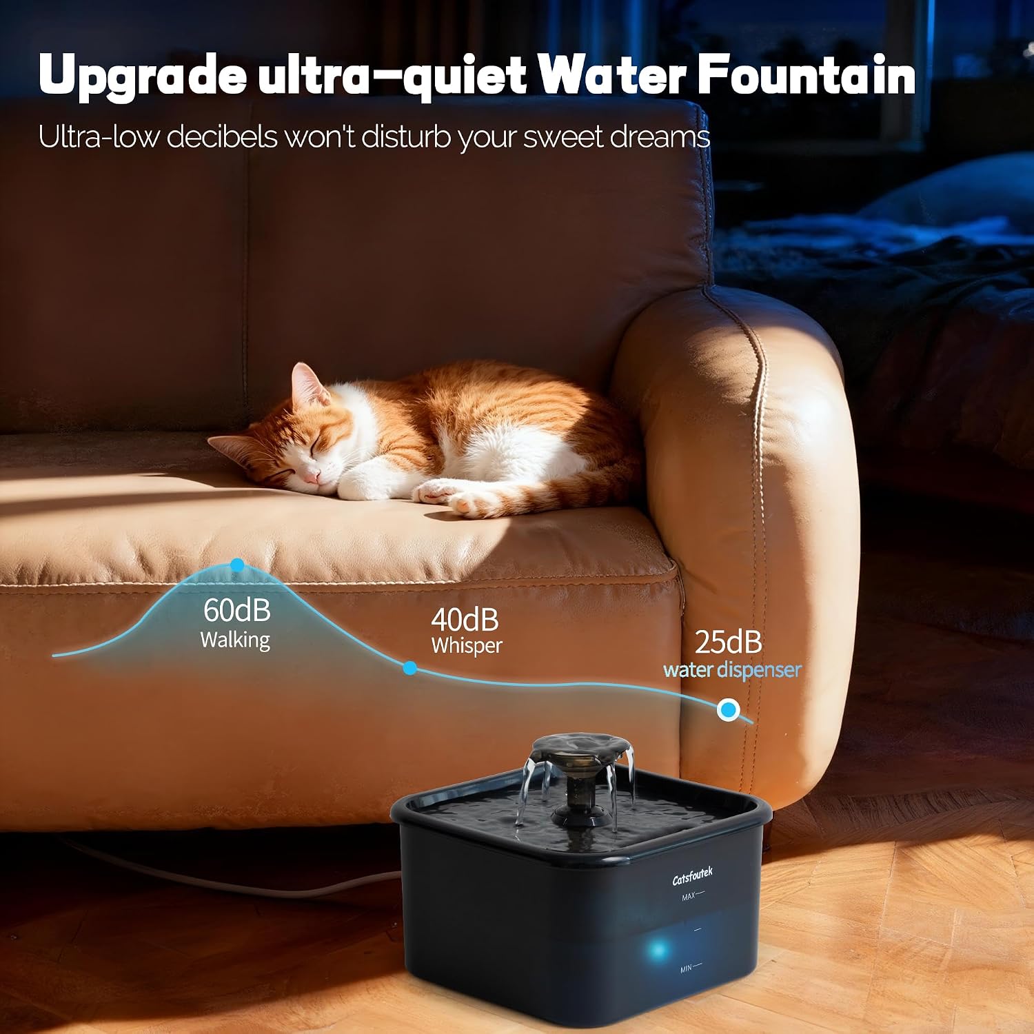 Pet Water Fountain, 74oz/2.2L Catsfoutek Water Fountain Cat for Drinking - Pet Fountain for Cats Inside - Quiet Automatic Cat Water Dispenser - Kitty Drinking Fountains - for Pets& Small Animals