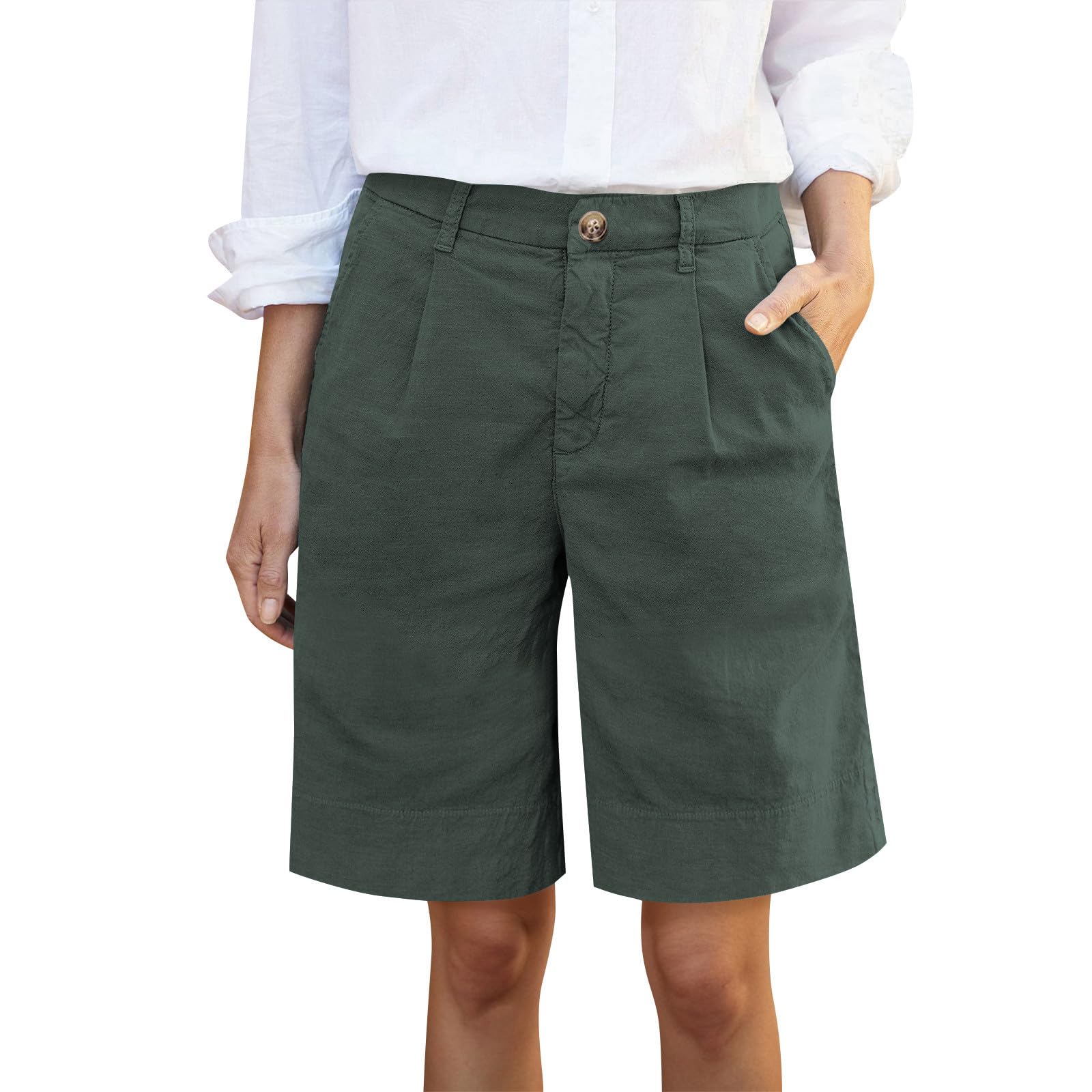 tobchonp Bermuda Shorts for Women Casual Button High Waisted Linen Dress Shorts Knee Length Wide Leg Work Pants with Pockets