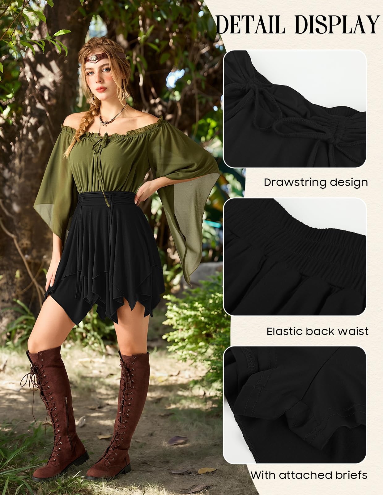 SCARLET DARKNESS Minirock Damen Mittelalter Kostüm Piraten Rock | Rock mit hose drunter, Elastisch hole taille, Unregelmäßiger saum tiered rock, Karneval Halloween kostüm, Cosplay party rock