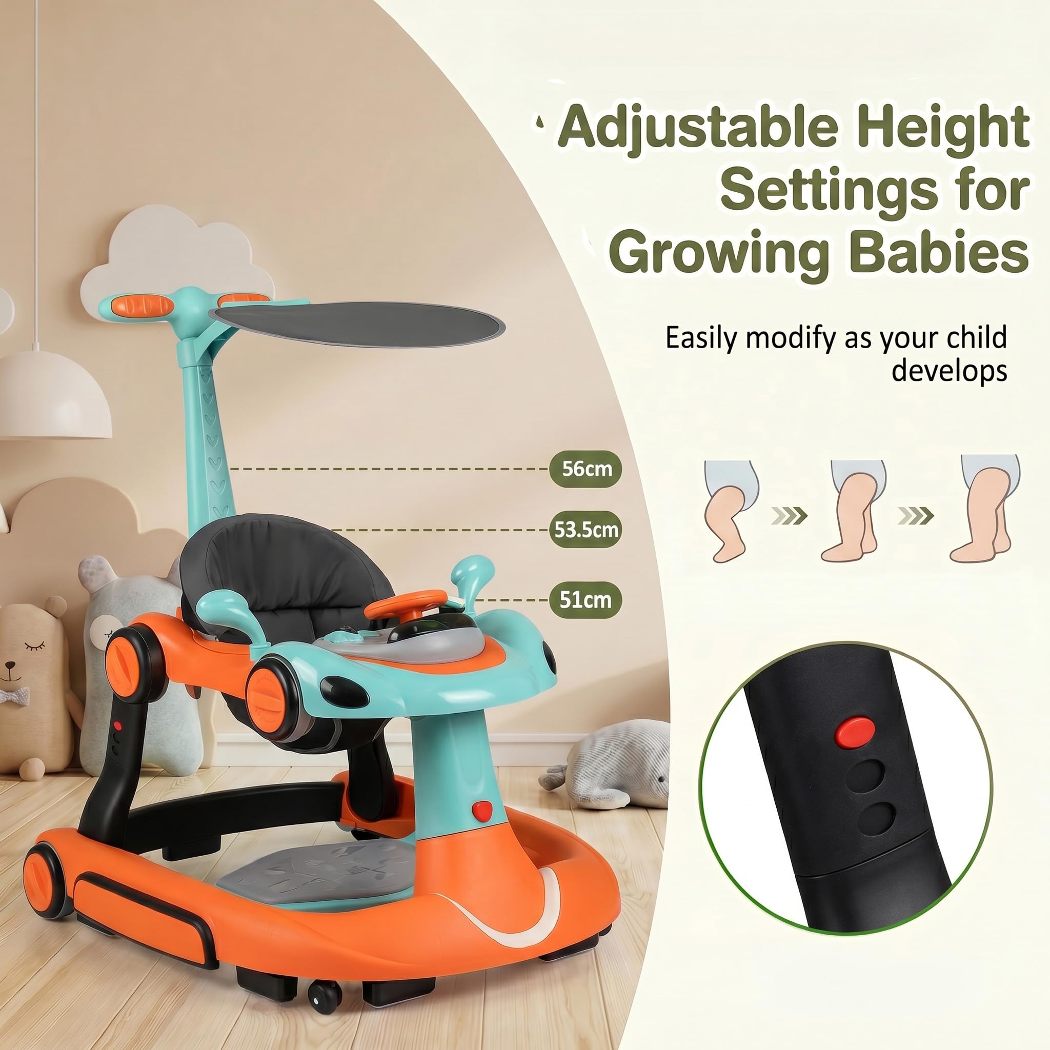LIFEZEAL 6 in 1 girello per bambini con tettuccio, Girello Trasformabile, Pieghevole, altezza e velocità regolabili, Baby Walker con luce, musica, Portata 12 kg, per Bambini 7-18 Mesi (arancione)
