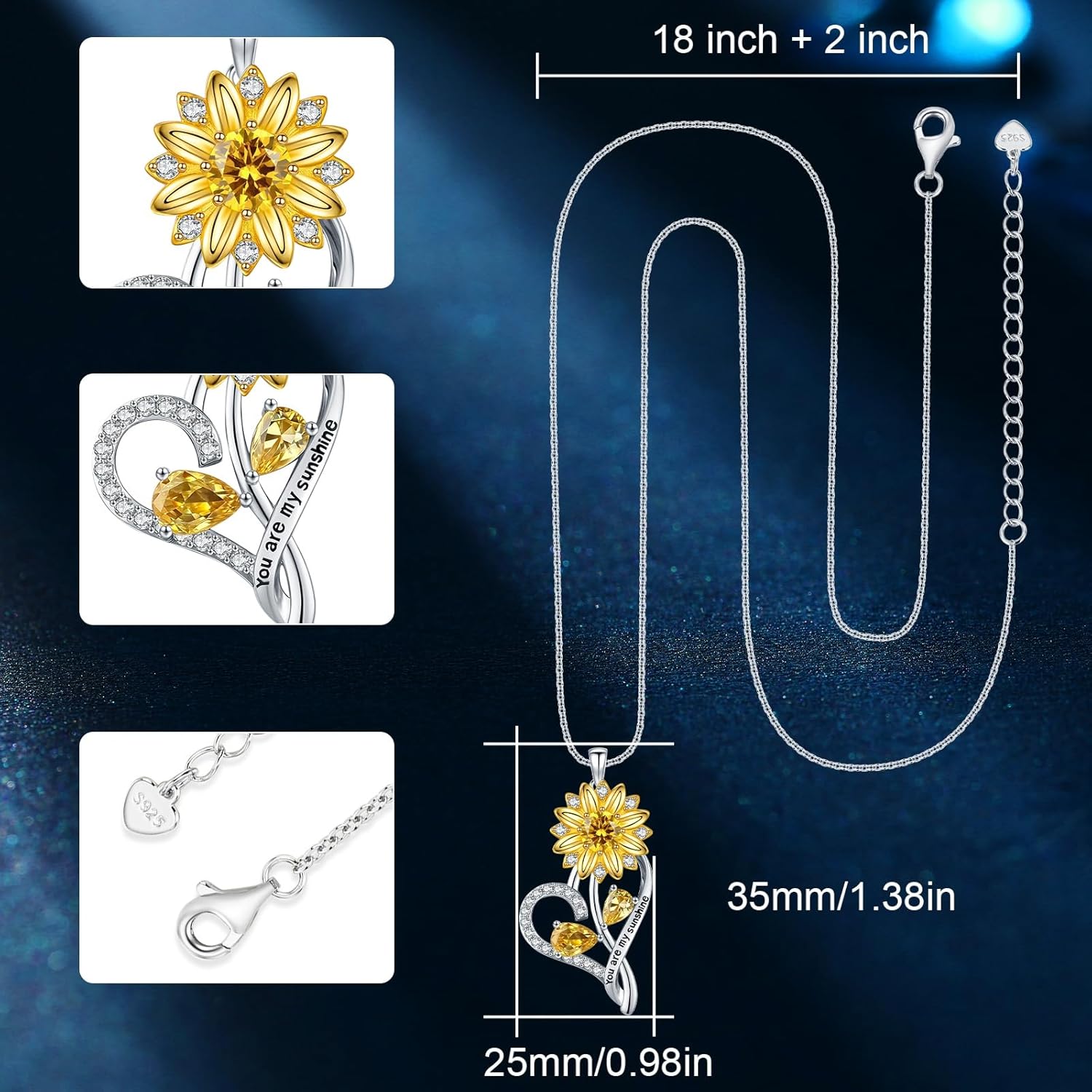 Sunflower Necklace for Women -18K Gold over Plated Sterling Silver You Are My Sunshine Birthstone Jewelry Gift for Her, Girlfriend, Wife, Birthday Anniversary - Image 2