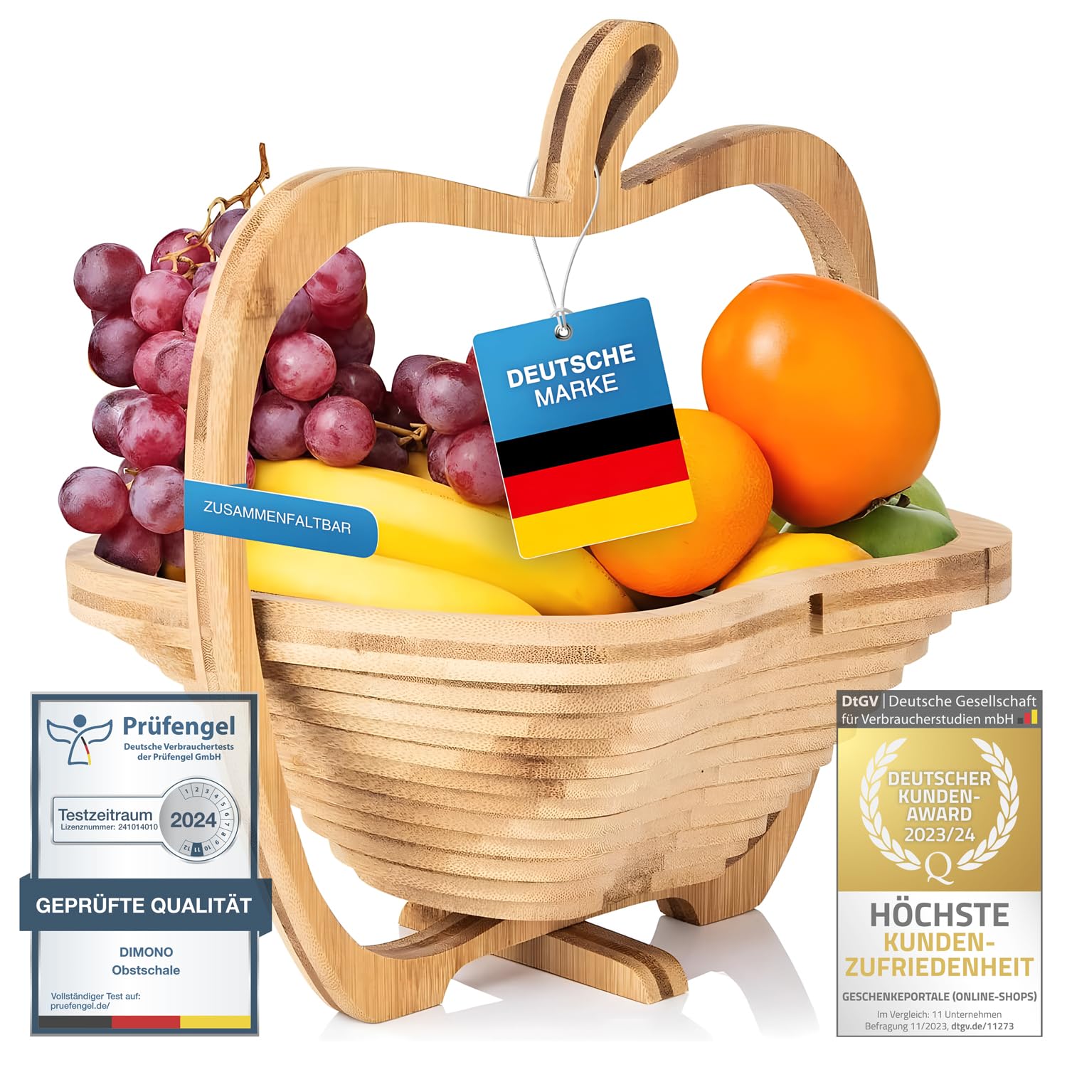 Dimono® Obstkorb aus Bambus Faltkorb, Obstschale, Gemüseschale und Topfuntersetzer Klappkorb & Schneidebrett, 3 in 1 in wunderschönem Apfel-Design
