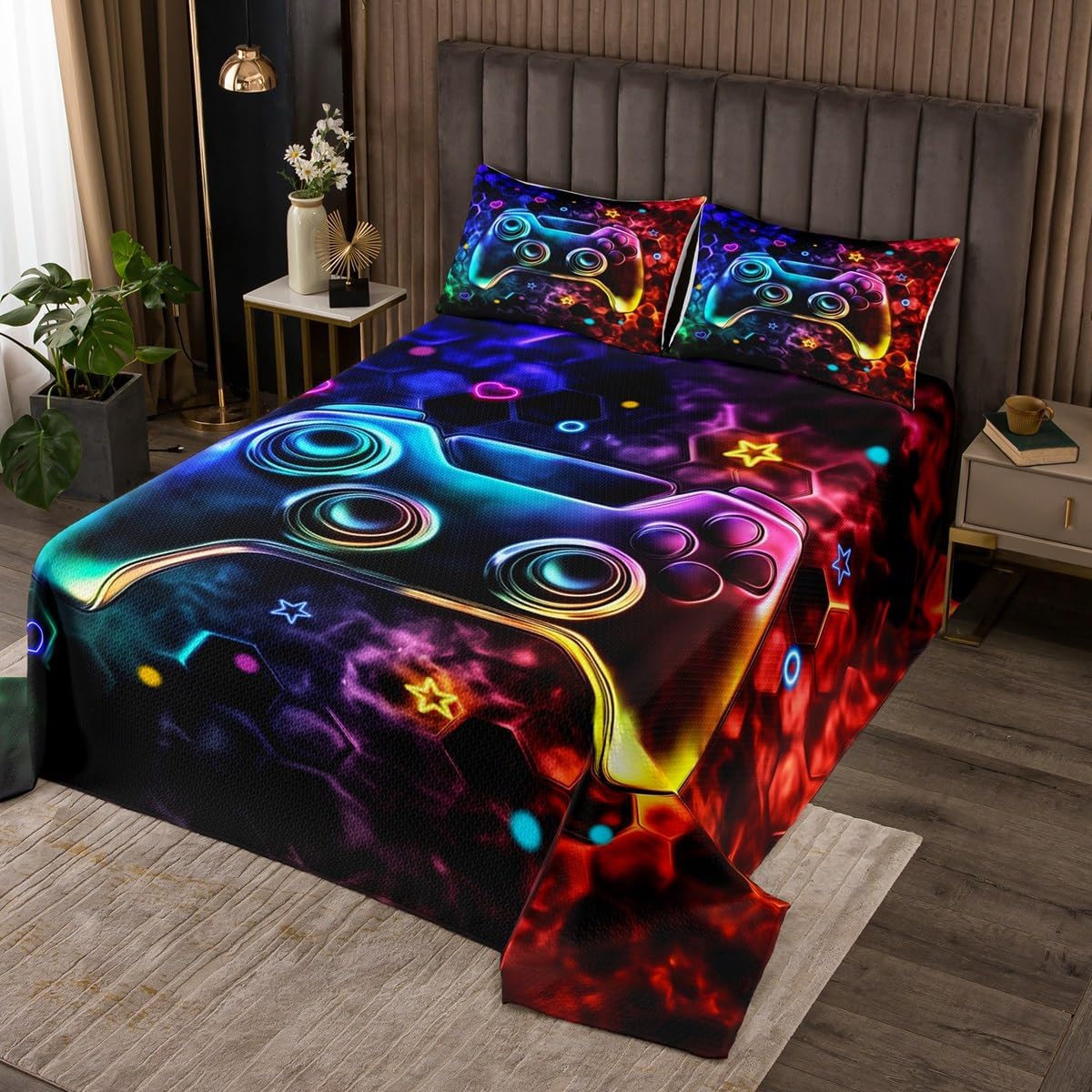 3D Modern Gamepad Bedspread Set Queen Size for Kids,Boys Girls Stars and Love Quilt Set Honeycomb Bedspread Coverlet Gaming Bedspread 3 Piece Decorative Bedding Quilted with 2 Pillow Shams