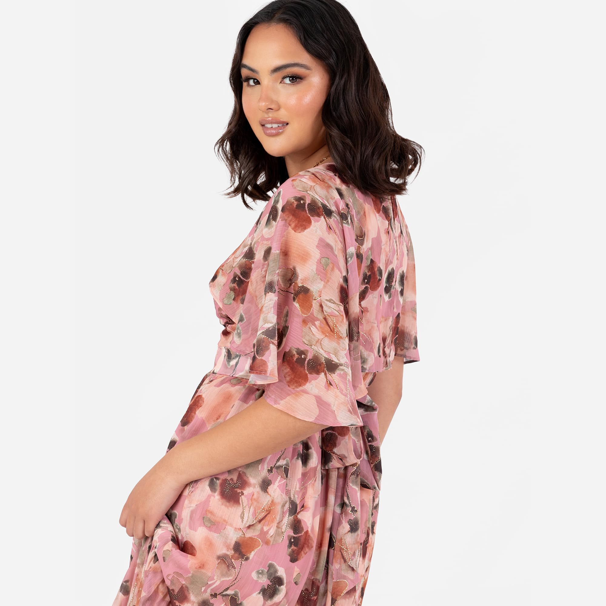 Lovedrobe Women's Maxi Dress Ladies Cape Sleeve V-Neck Ruffle Bow Tie Belt Asymmetric Seam Floral A-Line Wedding Guest Occasion Vestito, Blush Pink, 46 Donna