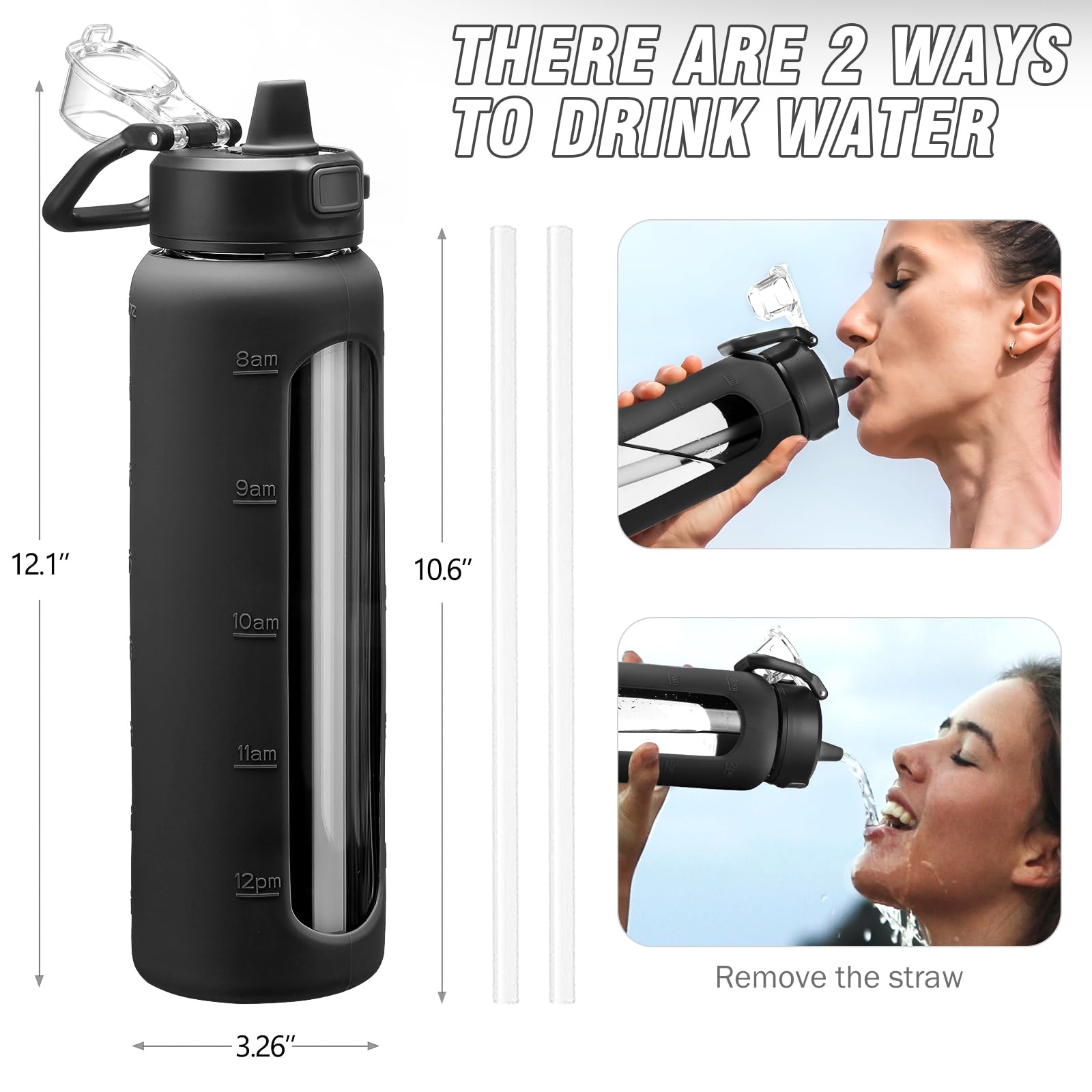 Kodrine Wasserflasche, 32oz Glas Wasserflasche mit Strohhalm, Flasche mit Verriegelungsdeckel Auslaufsicher, Sport Wasserkrug, Trinkflaschen für Fitnessstudio Reisen Zuhause, Schwarz