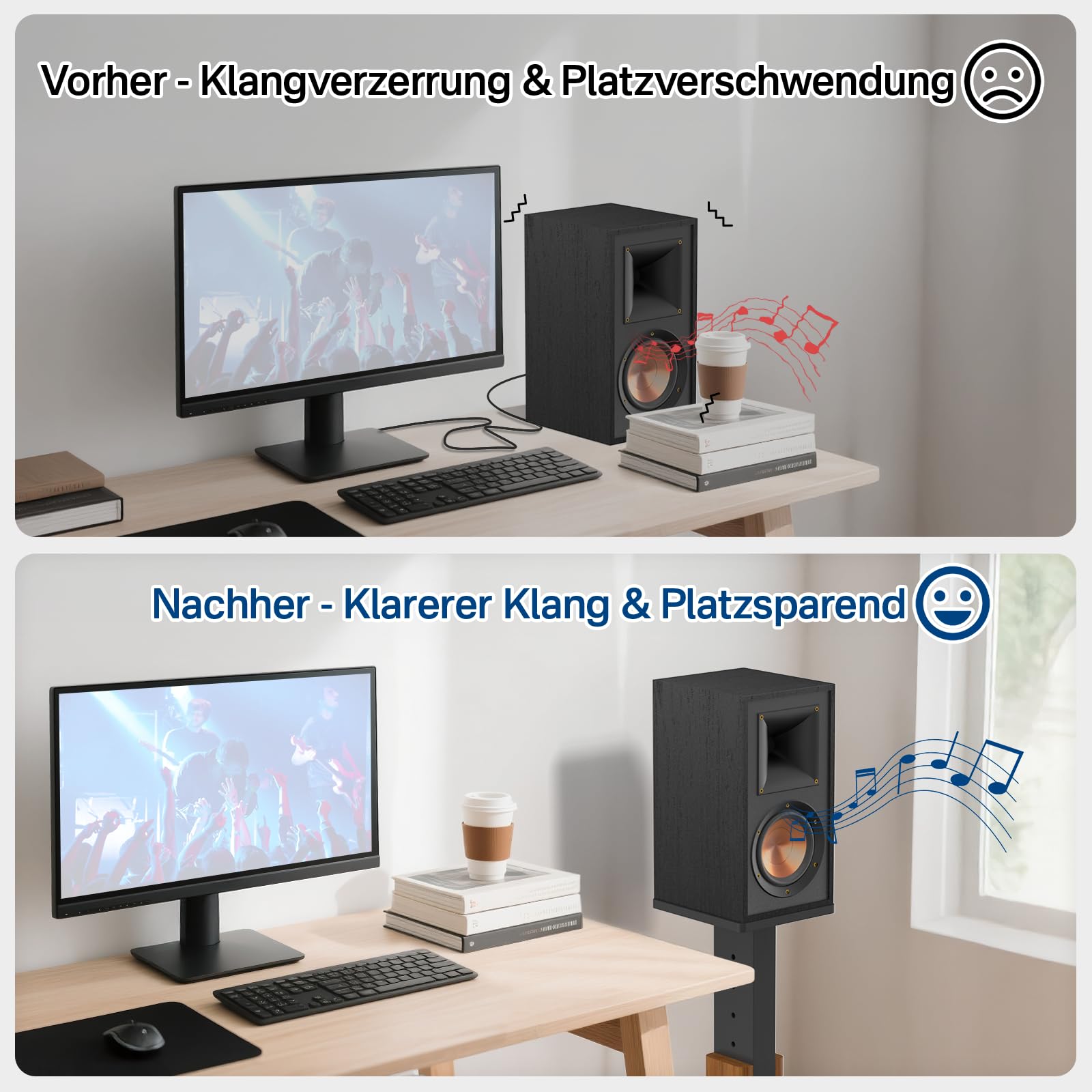 Supporti per altoparlanti regolabili in altezza adatti alla maggior parte dei satelliti, supporti per Klipsch, Edifier, Yamaha e JBL Bookshelf, capacità di carico di 50 libbre e clip per cavi.