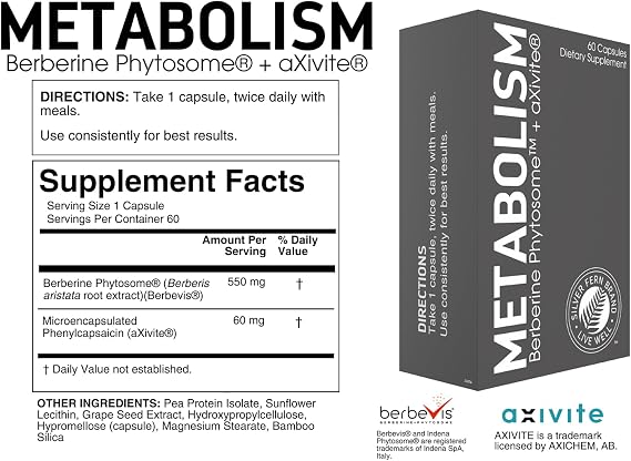 Silver Fern Brand Metabolism Supplement + Berberine Phytosome & aXivite Supports Function & Wellness 60 Capsules