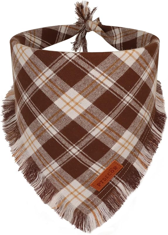 Bandana para Cães PTDECOR X-Large com Franjas e Estampa Xadrez Marrom Retrô