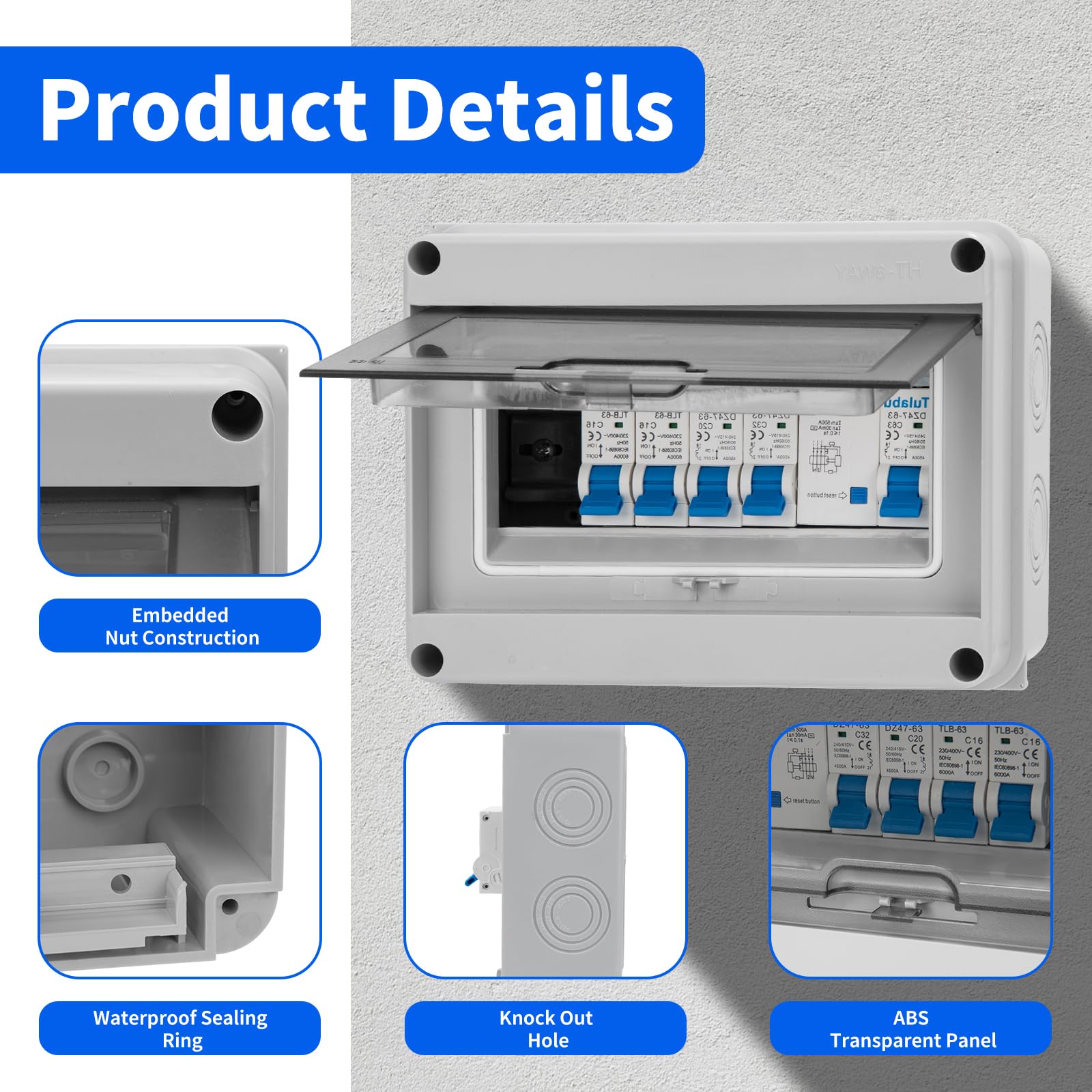 Caja de fusibles de superficie, caja de distribución de superficie impermeable IP65 con interruptor diferencial, mini caja de subdistribución de superficie para caravanas, garajes y talleres