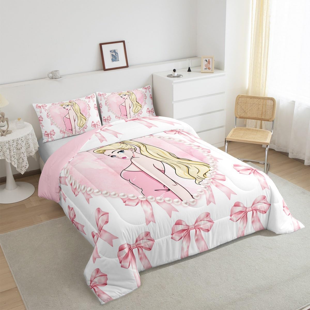 Pink Girly Princess Kids Comforter Set Twin Size,Bow Tie Bowknot Romantic Bedding Set,Beauty Girls Women Room Decor,Diamond Butterfly Knot Quilt Comforter,Dreamy Duvet Insert,1 Pillowcase