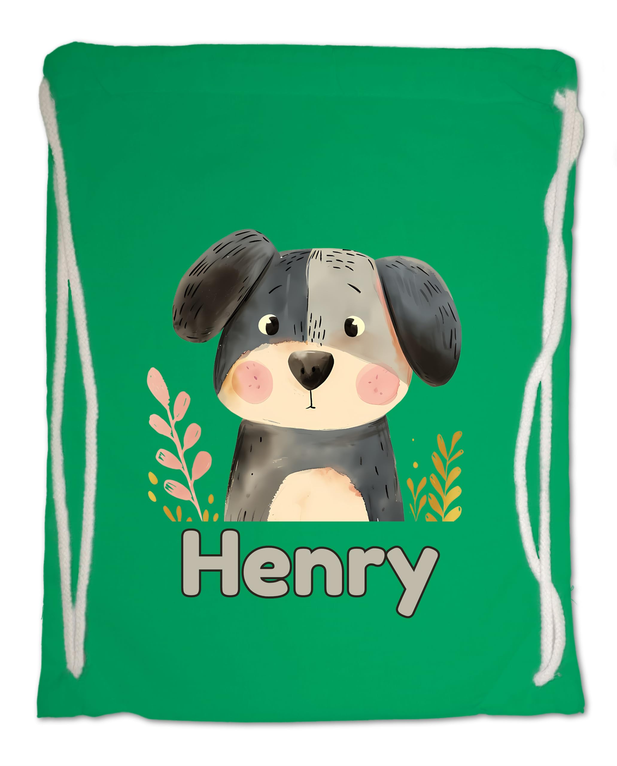 Personalised Any Name Dog Gym Bag for Kids - Cute Watercolour Puppy. Cotton, Ideal for School, Nursery, Swimming, Travel (Kelly Green)