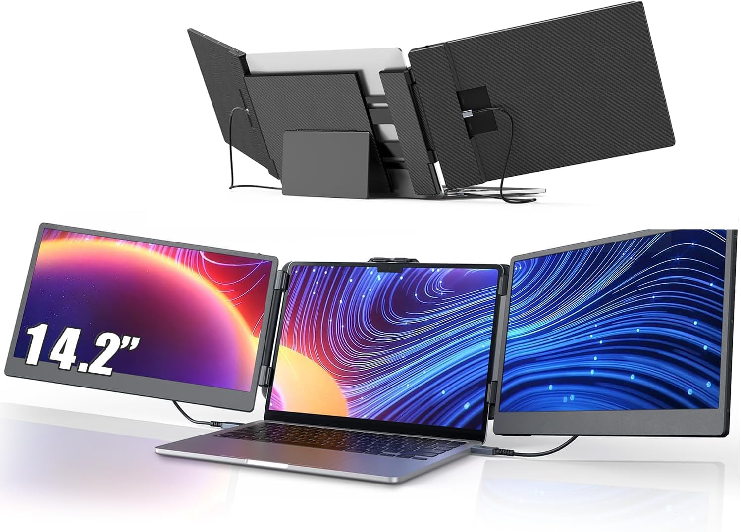 14'' Screen Extender Portable Laptop Plug-play, 1080P IPS Laptop Monitor Extender Built-in Speaker, HDMI/USB-A/Type-C Triple Monitor for 13''-17.3'' Laptops, Work with Mac, Windows, Chrome, Switch