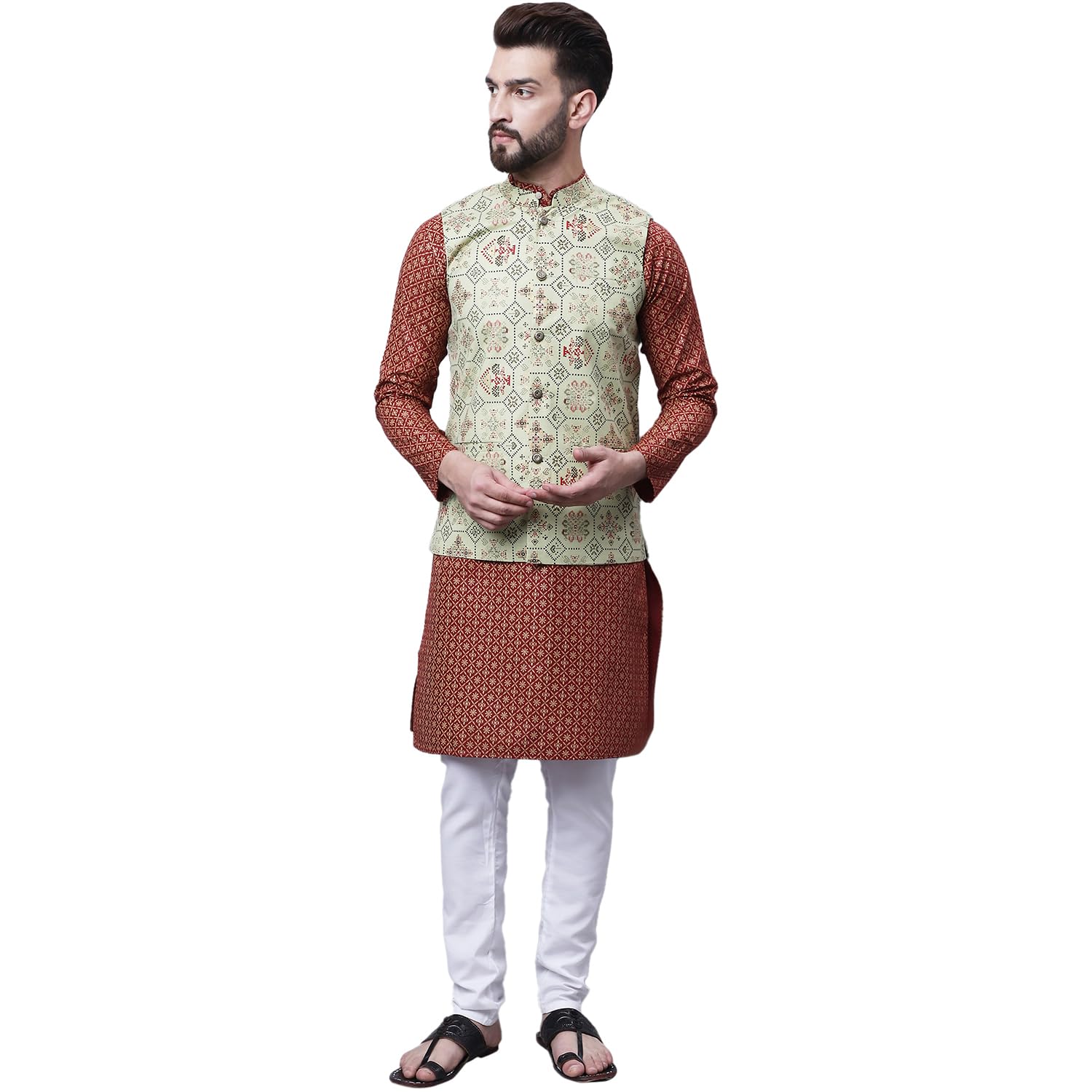 Sojanya (Since 1958 Men's Cotton Linen Maroon Kurta And White Pyjama With Pista Green Cotton Nehru Jacket