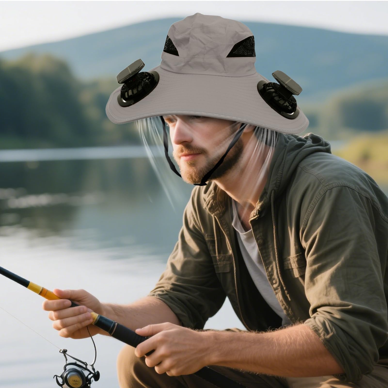 Chapeau avec ventilateur à énergie solaire, chapeaux avec large bord UPF50+ et 2 ventilateurs | protection solaire portable respirante unisexe pour voyage sport, camping, plage, activités