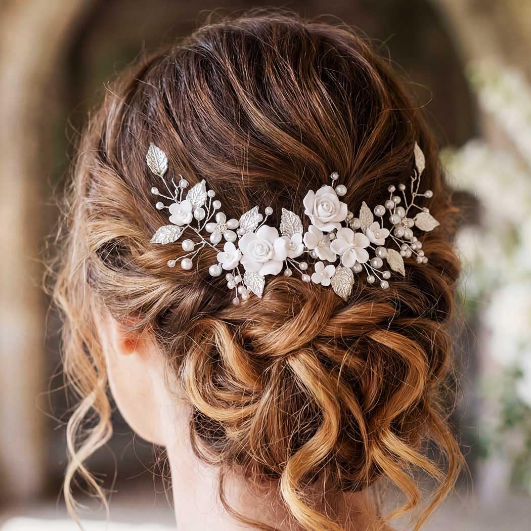 GORAIS Flower Bride Wedding Hair Vine Silver Pearl Bridal Hair Accessories Hair Pieces for Women and Girls