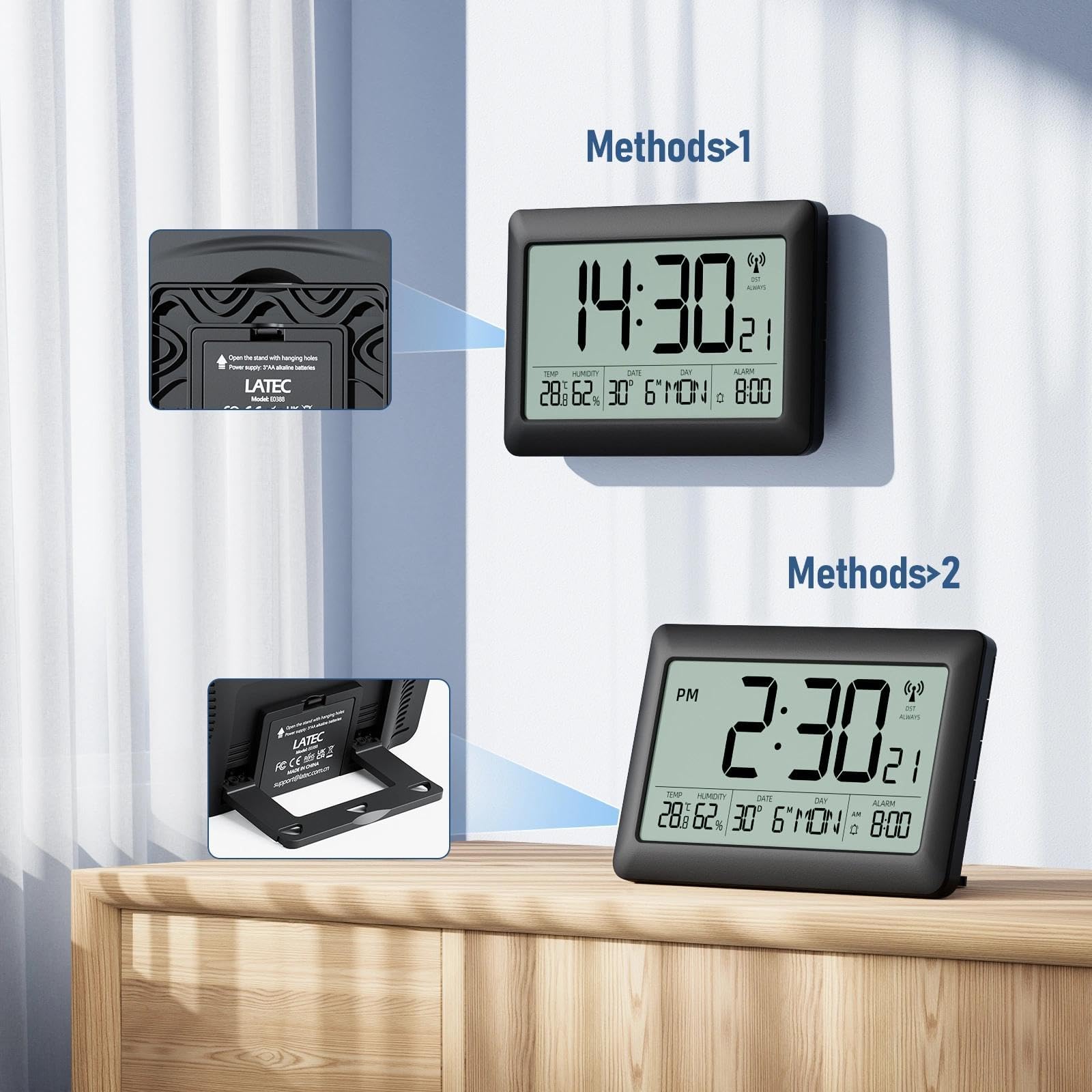 LATEC Orologio, Sveglia Digitale Radio Controllata con Ampio Schermo LCD da 7,5" - Orologio Digitale a Batteria con Temperatura/Umidità/Calendario - Sveglia/Funzione Snooze – Retroilluminazione